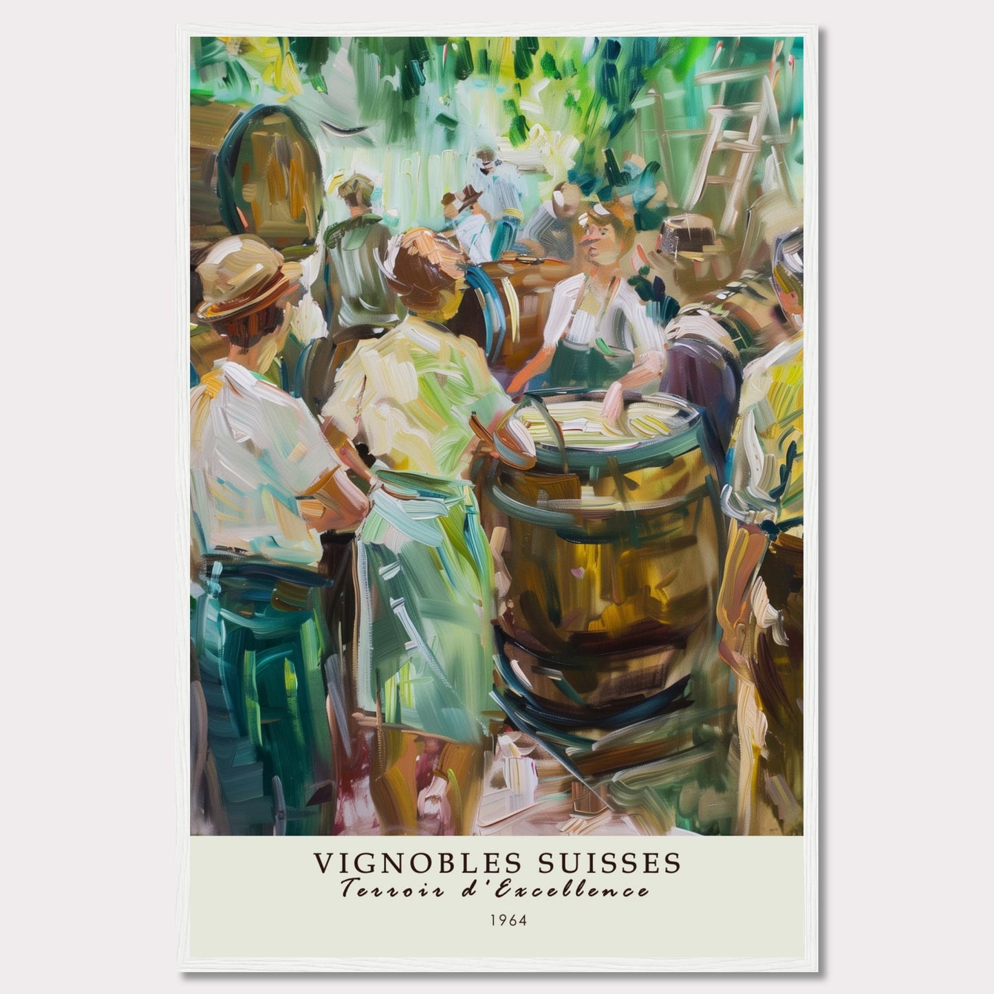 This vibrant painting captures a lively scene of people gathered around wine barrels, reflecting the rich tradition of Swiss vineyards.