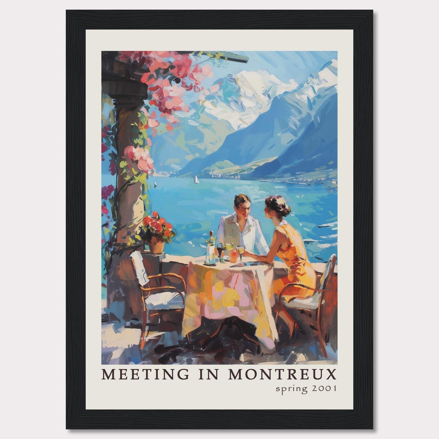 This vibrant poster captures a serene moment of a couple dining outdoors with the stunning backdrop of Montreux's picturesque lakeside and mountains.