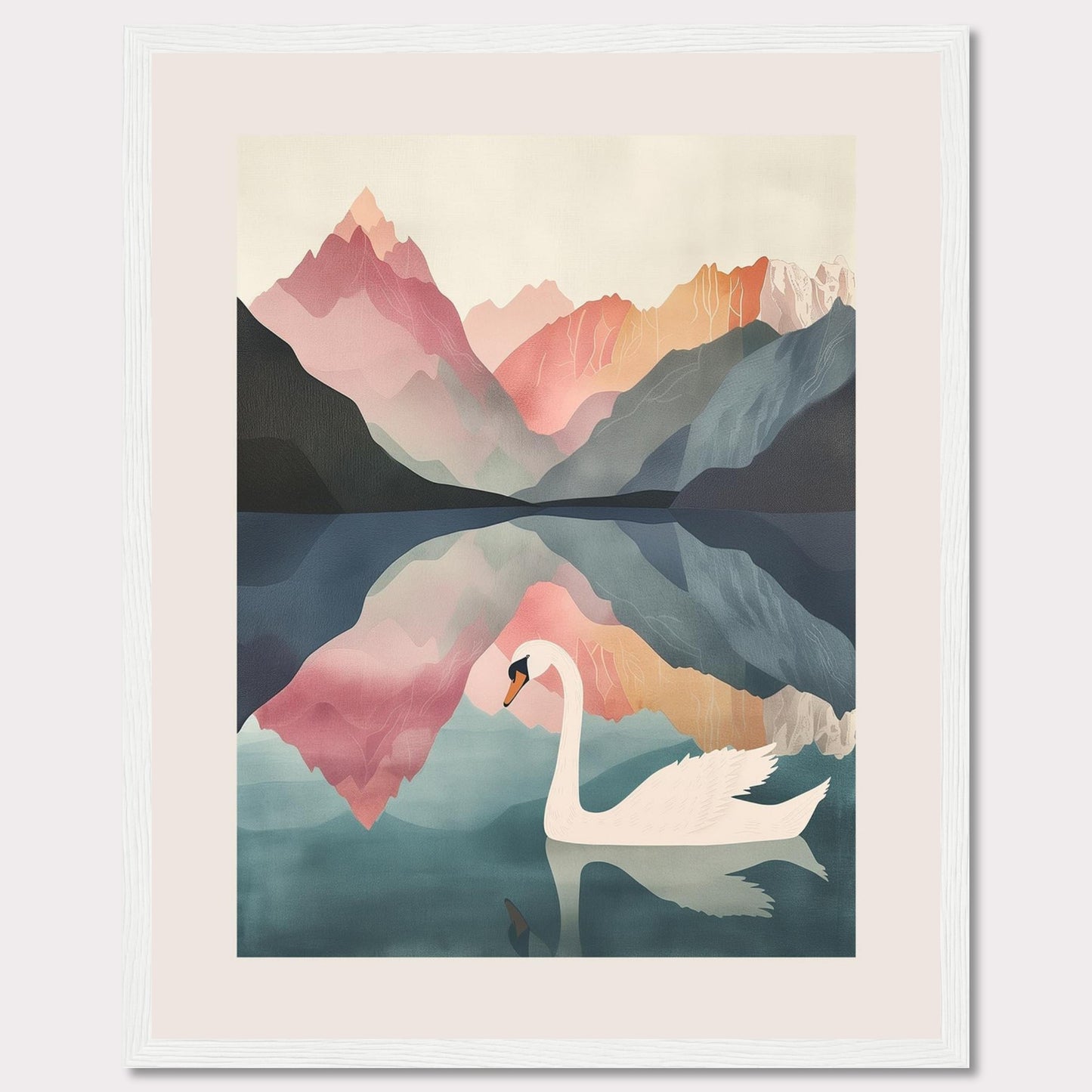 This captivating artwork features a serene swan gliding across a tranquil lake, surrounded by majestic mountains in pastel hues. The reflection of the mountains and the swan in the calm water adds a mesmerizing symmetry to the scene. The soft, muted colors evoke a sense of peace and tranquility.