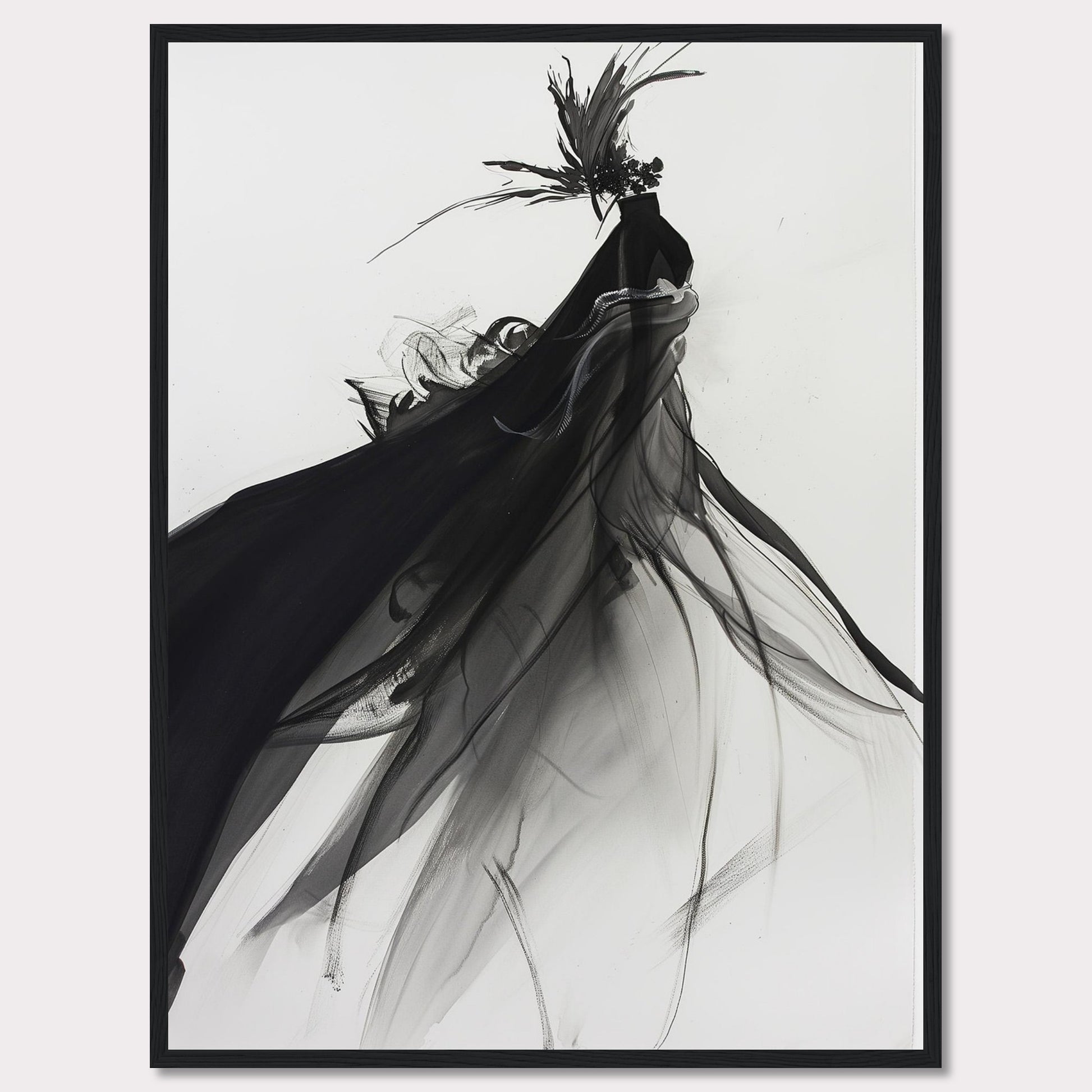 This captivating artwork features a fluid, abstract depiction of a black swan in motion, rendered in striking black and white tones. The swan is adorned with a dramatic headpiece and flowing plumage that create a sense of elegance and movement.