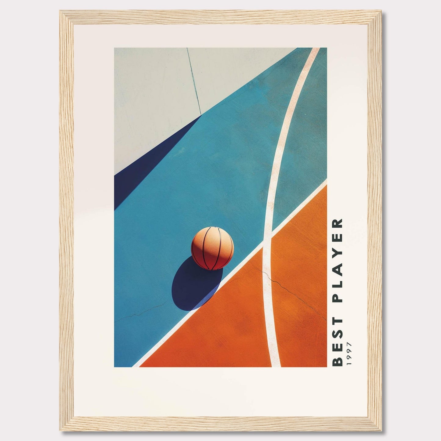 This striking poster features a basketball resting on a vibrant court, divided into bold blue and orange sections. The image is framed in black, with the text "BEST PLAYER 1997" vertically aligned on the right side.