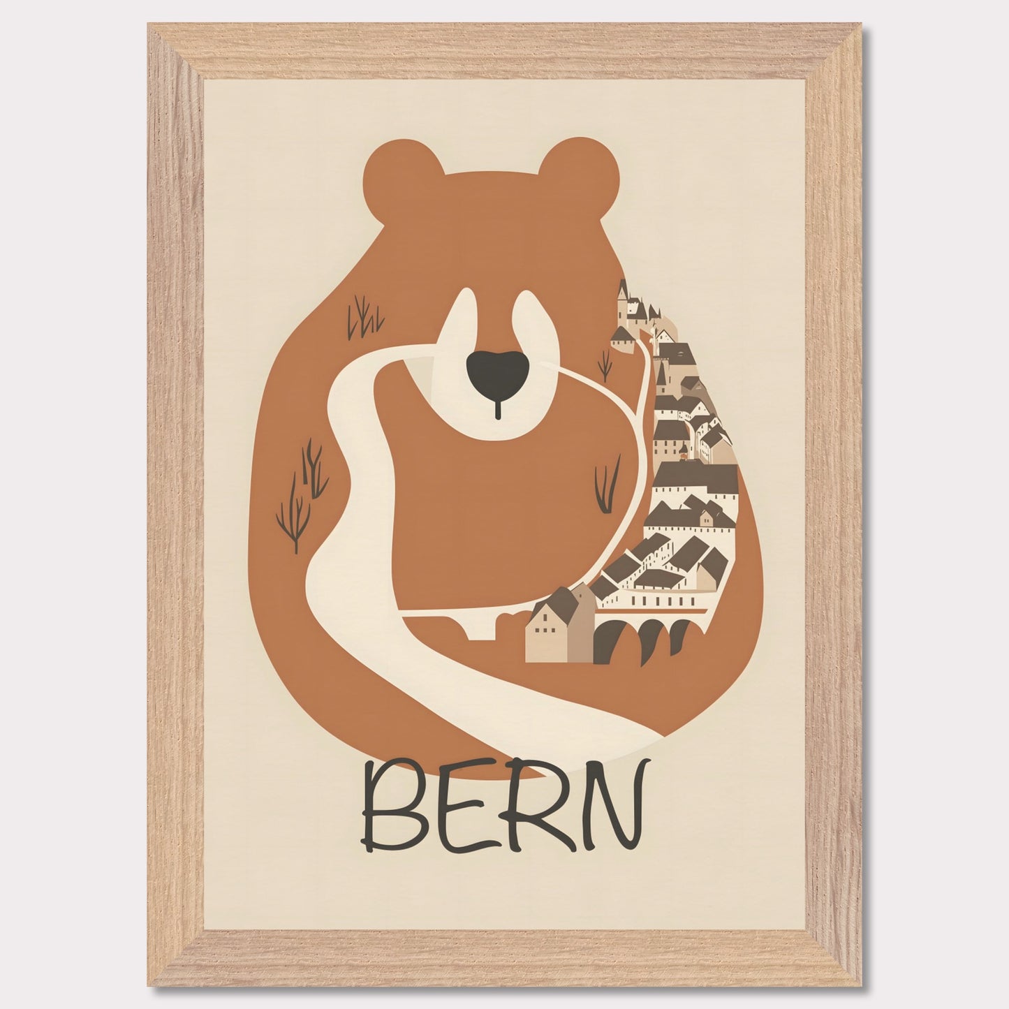 This charming poster features a stylized depiction of Bern, Switzerland, where the iconic bear—symbol of the city—seamlessly merges with the winding streets and historic architecture. The earthy tones and minimalist design evoke a sense of warmth and tradition, reflecting the city's rich history and natural surroundings.