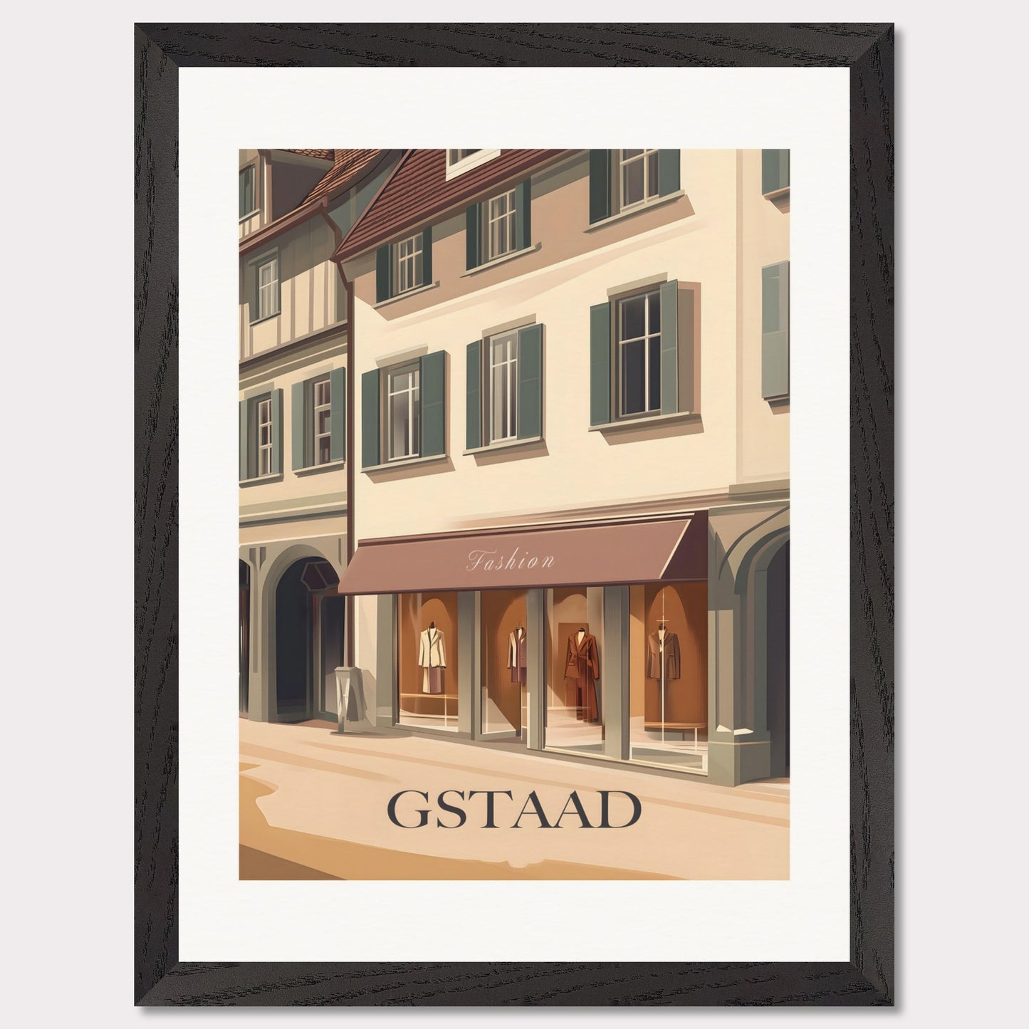 A stylish poster capturing the elegant shopping experience in Gstaad. The charming streets lined with high-end boutiques create an atmosphere of exclusivity and sophistication.