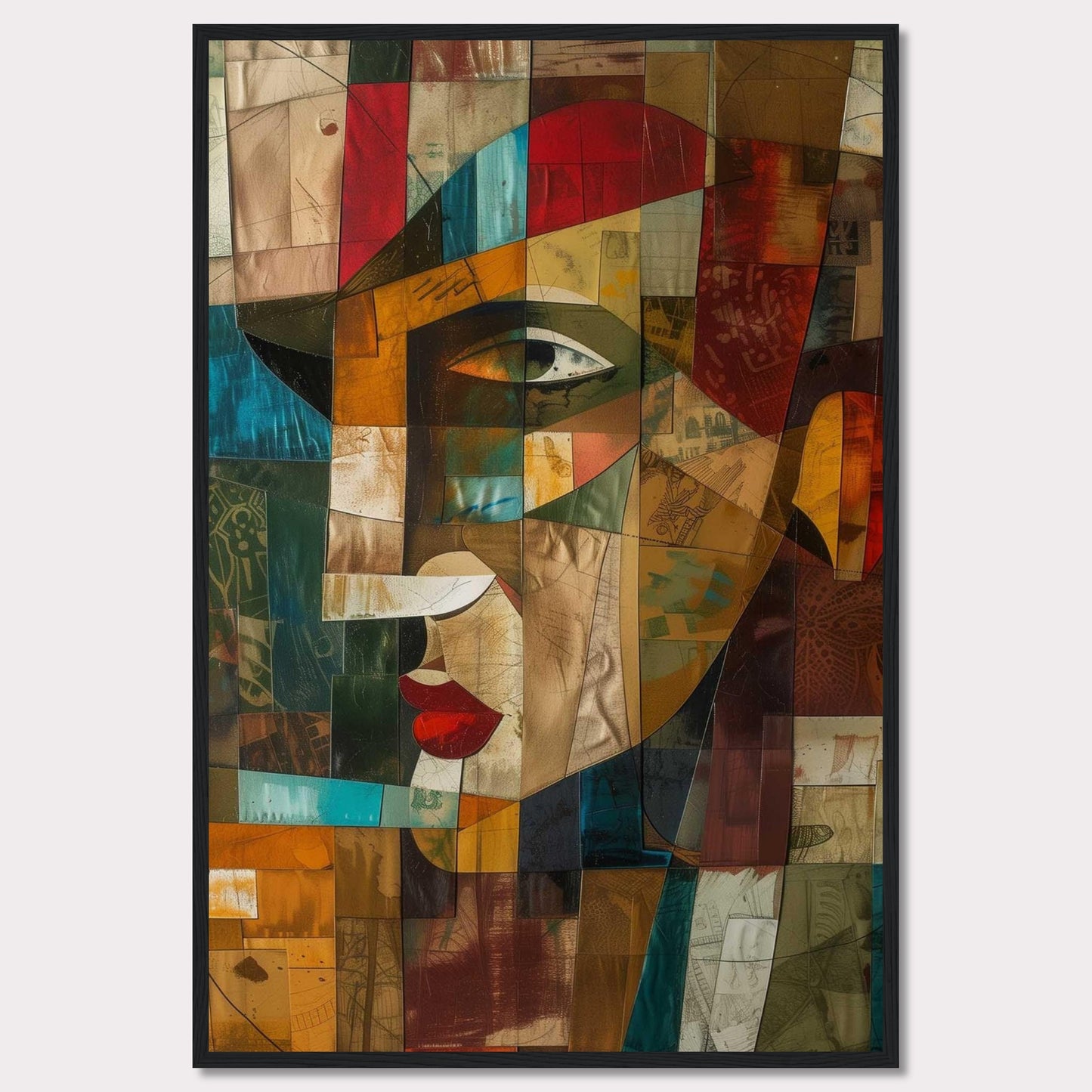 This captivating artwork features a cubist-style portrait, blending vibrant colors and geometric shapes to create a striking visual. The image showcases an abstract face with prominent red lips, a sharp nose, and expressive eyes.