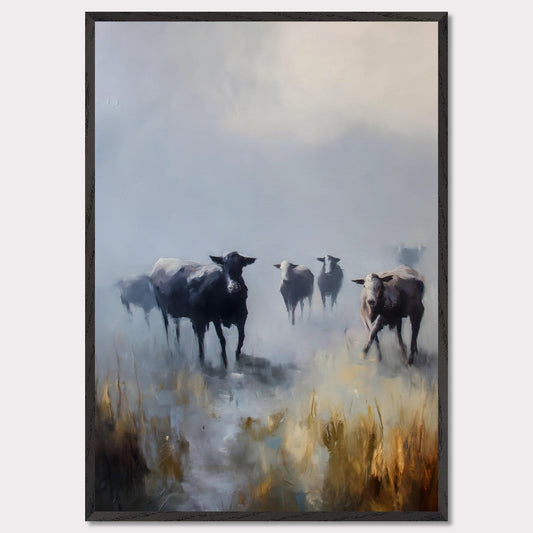 Dark cows emerge through thick fog on an alpine path, their presence soft and steady. Mist wraps the moor like memory. This image is a morning crossing, an ode to instinct, stillness, and quiet watchfulness.