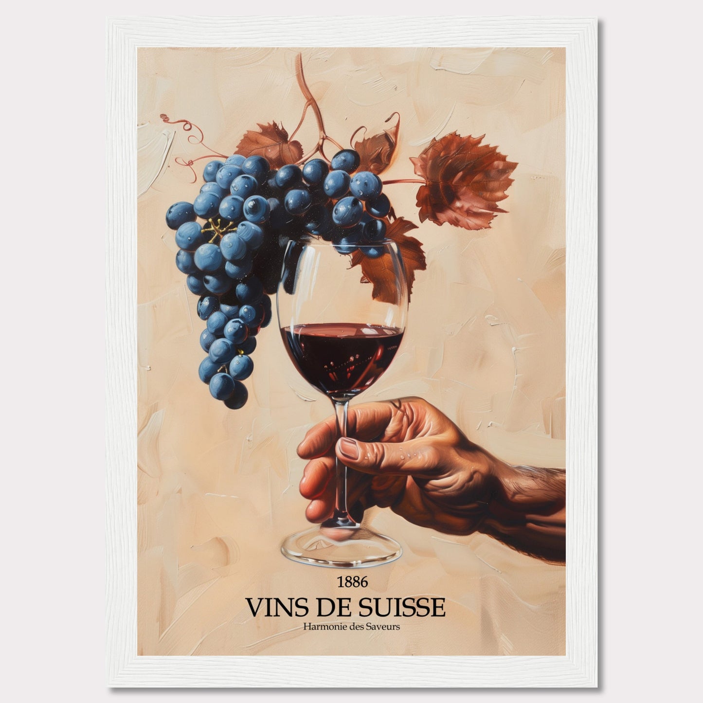 This captivating image showcases a hand holding a glass of red wine, with a luscious bunch of grapes hanging above it. The background is painted in warm, earthy tones, enhancing the rich colors of the grapes and wine.