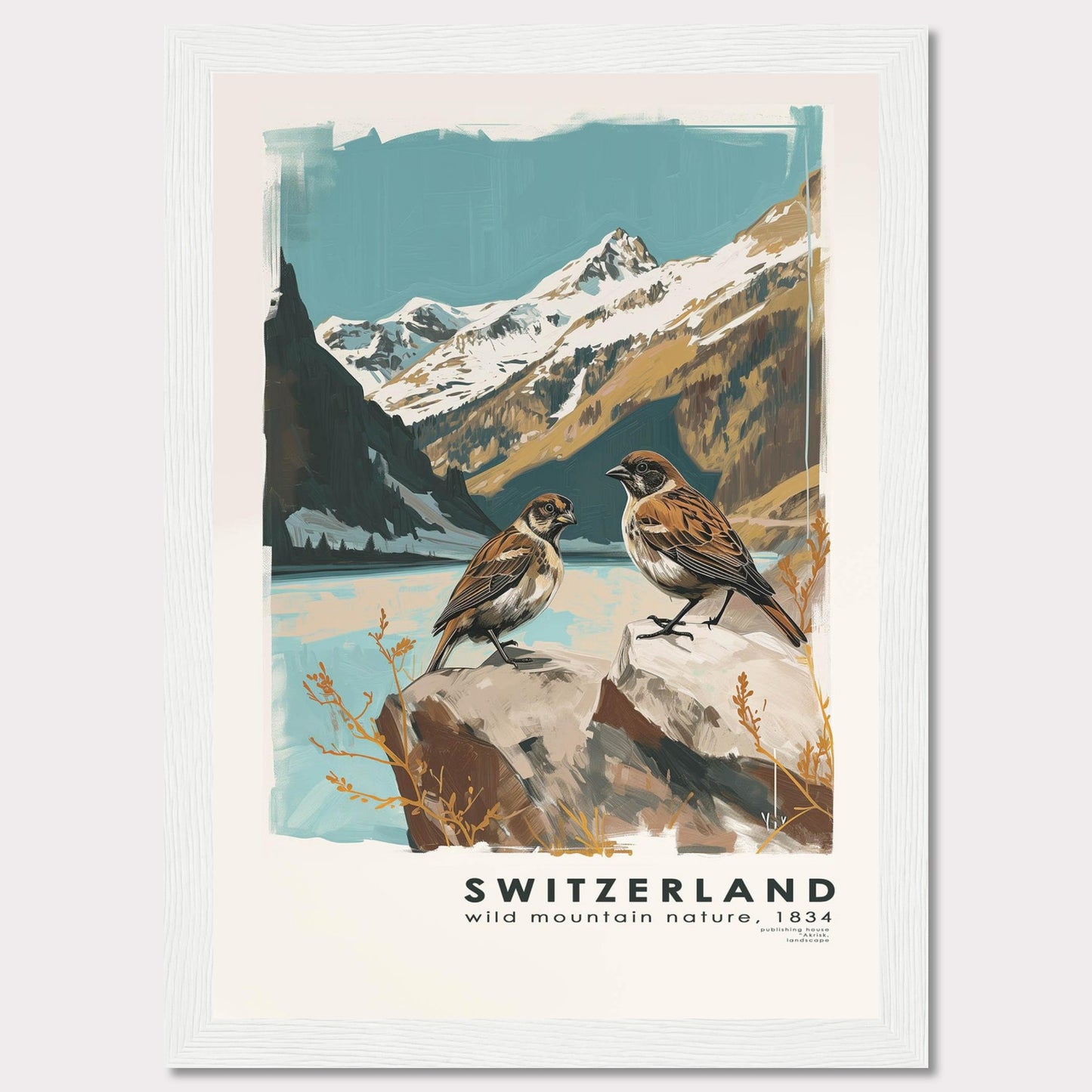 This beautiful illustration captures the serene and majestic nature of Switzerland. Two birds are perched on rocks in the foreground, with a breathtaking backdrop of snow-capped mountains and a tranquil lake.