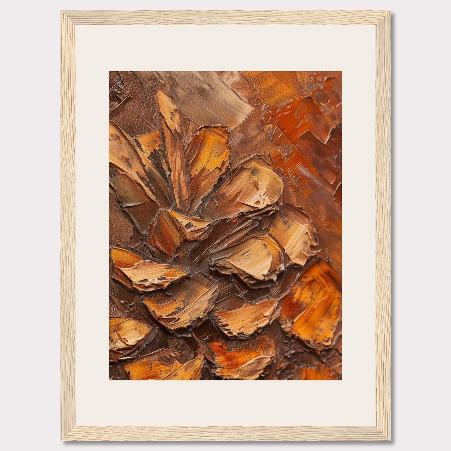 This image showcases a textured painting of a pine cone, rendered in rich, earthy tones. The thick, impasto technique gives the artwork a three-dimensional feel, making the pine cone appear almost lifelike. The painting is framed in a sleek black frame with a white matting that enhances its visual appeal.