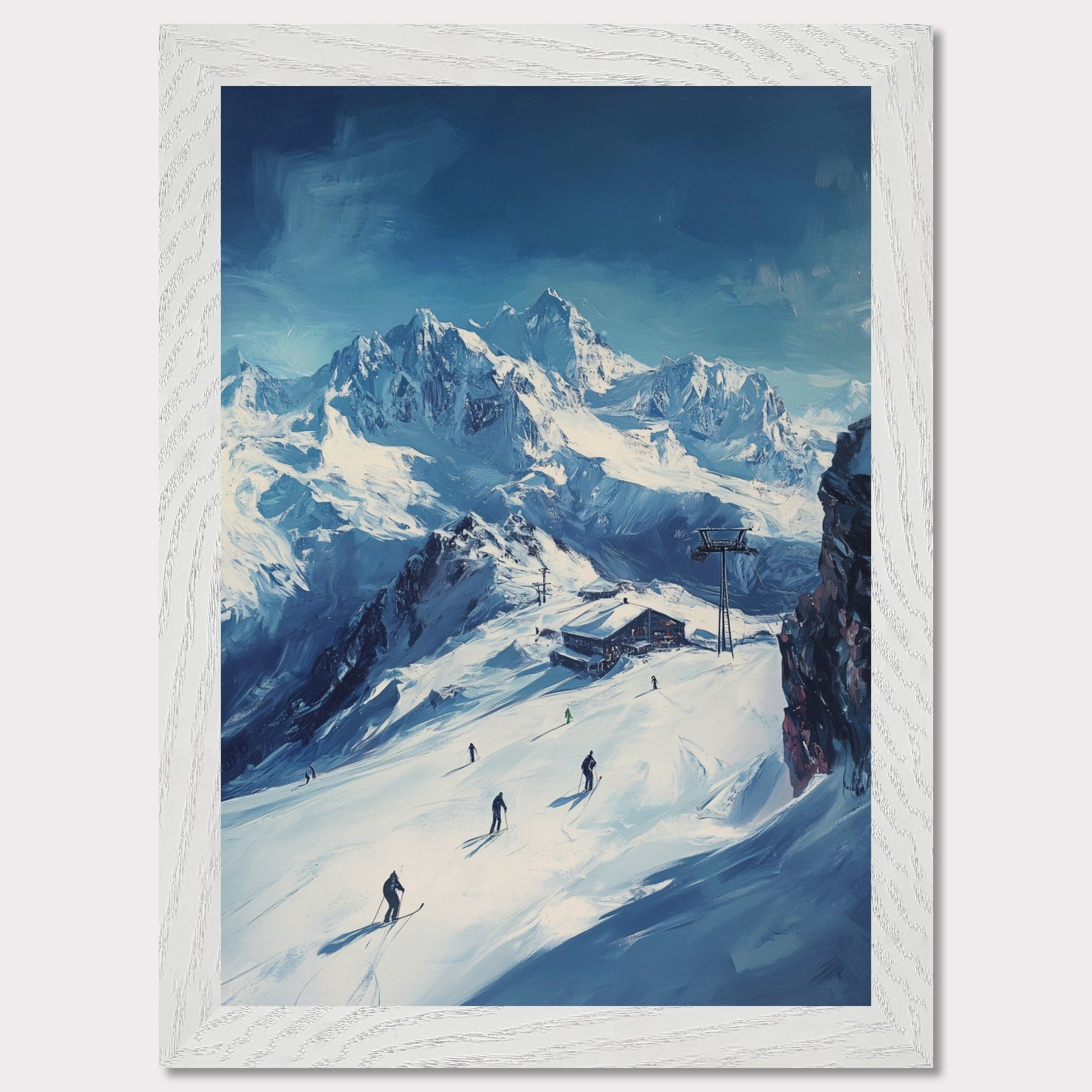 This vibrant, retro-style poster captures the excitement of skiing through the Swiss Alps, with skiers navigating fresh powder beneath towering, snow-covered peaks. The vast landscape and the thrill of the descent evoke a sense of freedom and adventure. The vintage typography and warm colors enhance the adventurous spirit, making it a perfect invitation to explore the slopes of the Swiss Alps and experience the rush of alpine skiing.