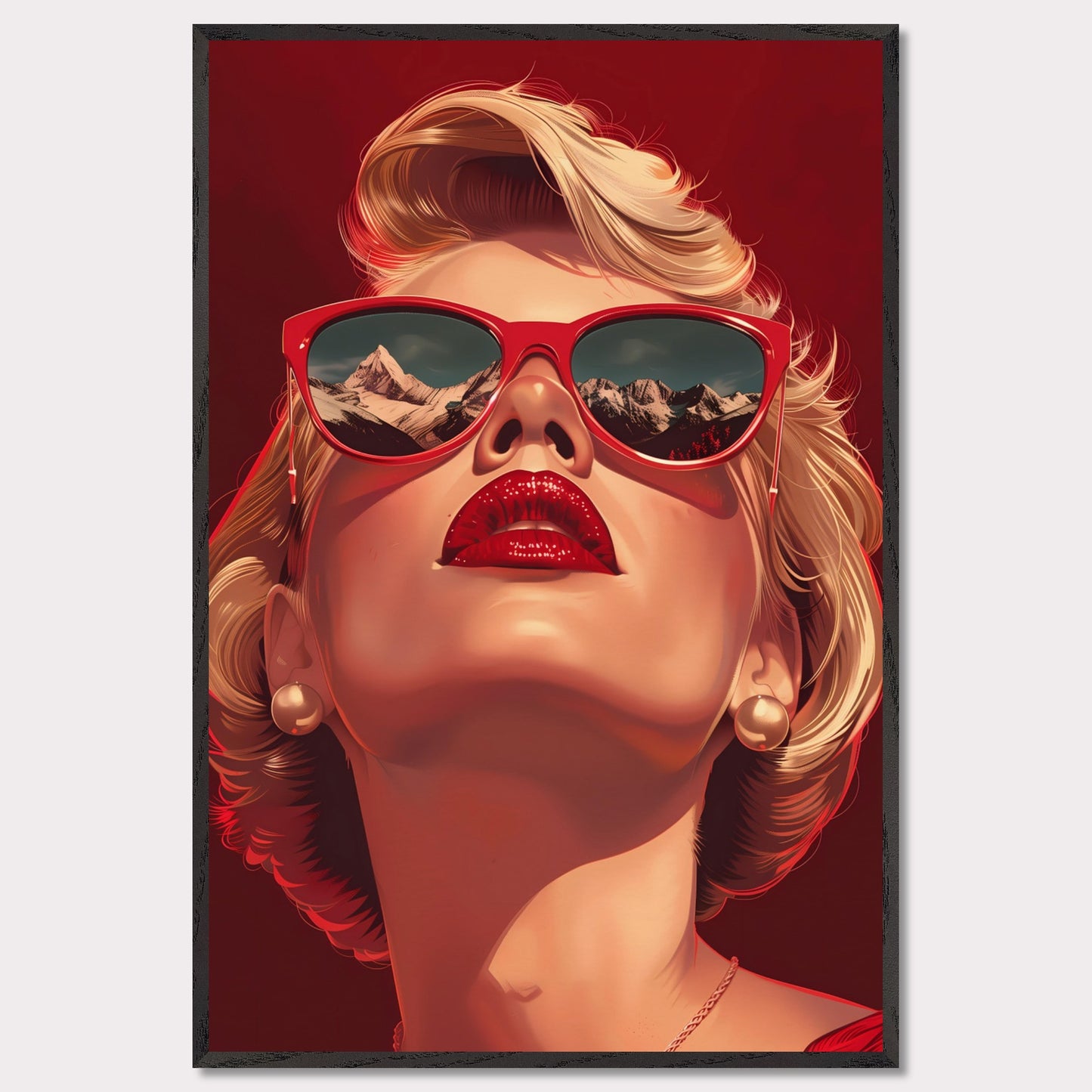 This striking artwork features a glamorous woman with blonde hair, wearing bold red sunglasses that reflect a stunning mountain landscape. Her vibrant red lips and pearl earrings add to the sophisticated and stylish aura of the piece.