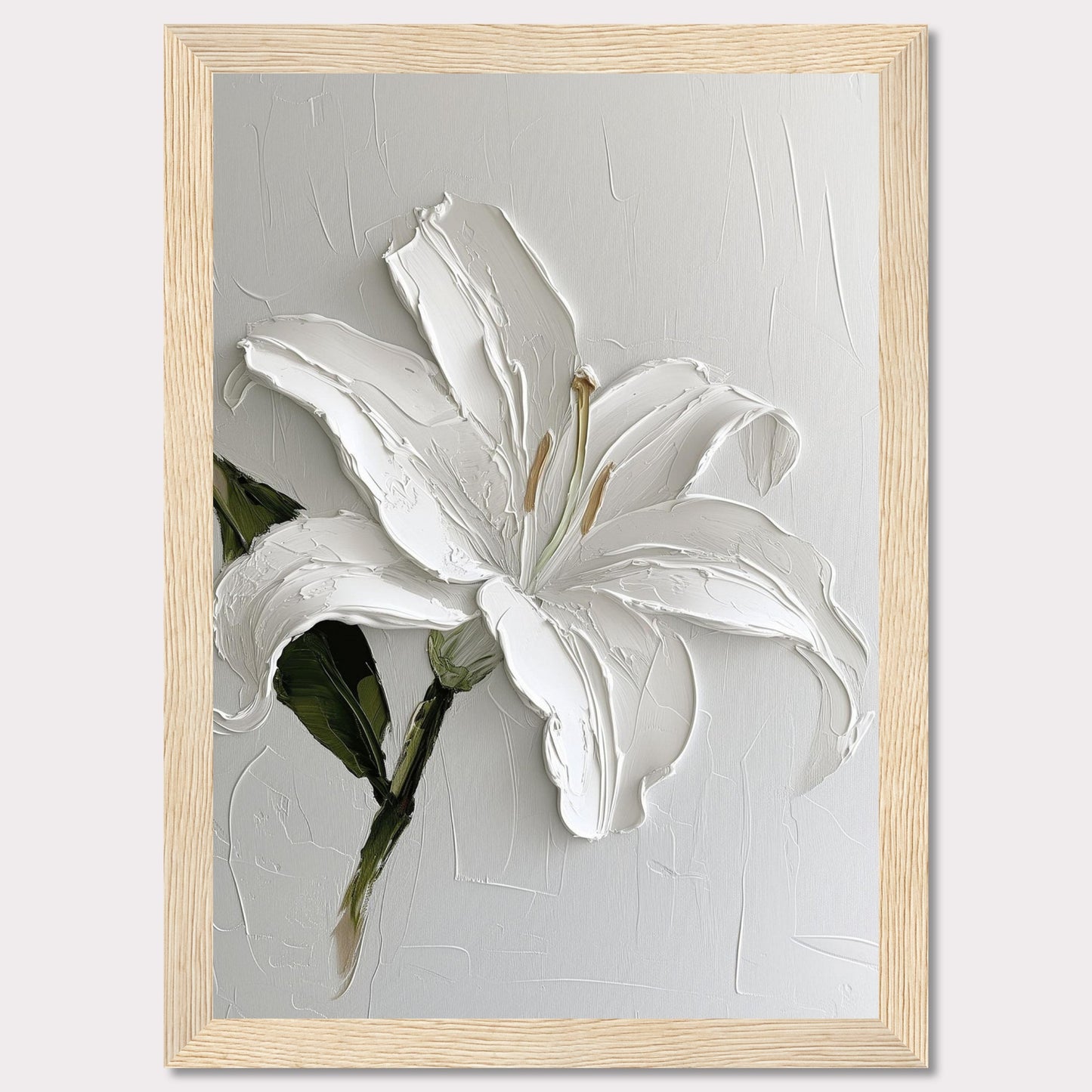 This image showcases a stunning textured painting of a white lily, elegantly framed in black. The thick brushstrokes add depth and dimension to the petals, creating a lifelike appearance. The background is kept minimal, allowing the flower to be the focal point.