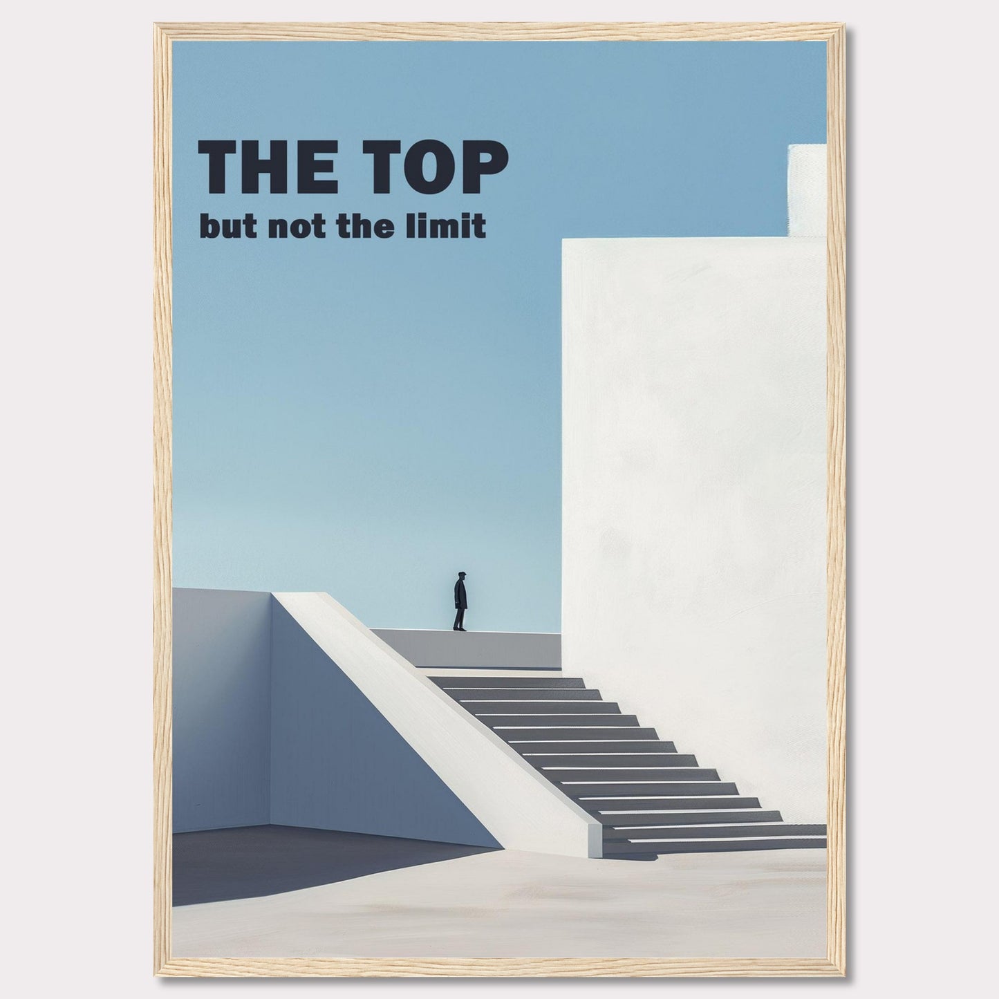 This minimalist poster features a person standing at the top of a staircase, gazing into the horizon. The bold text reads "THE TOP but not the limit," inspiring viewers to reach beyond their perceived boundaries.