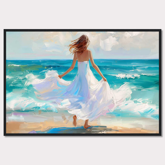 This stunning painting captures a serene moment of a woman in a flowing white dress standing at the edge of the ocean, with waves gently crashing onto the shore. The vibrant colors and dynamic brushstrokes bring this scene to life, evoking a sense of peace and freedom.