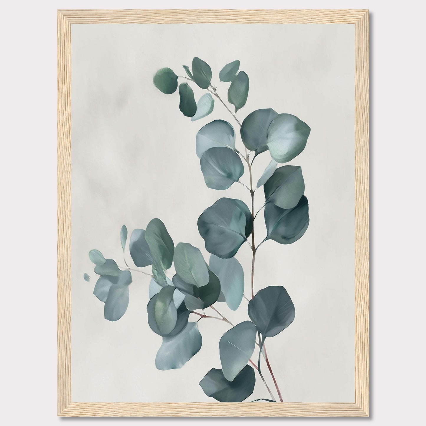 This image showcases a minimalist botanical artwork featuring eucalyptus leaves. The leaves are painted in soft, muted green tones against a light background, creating a serene and calming effect.