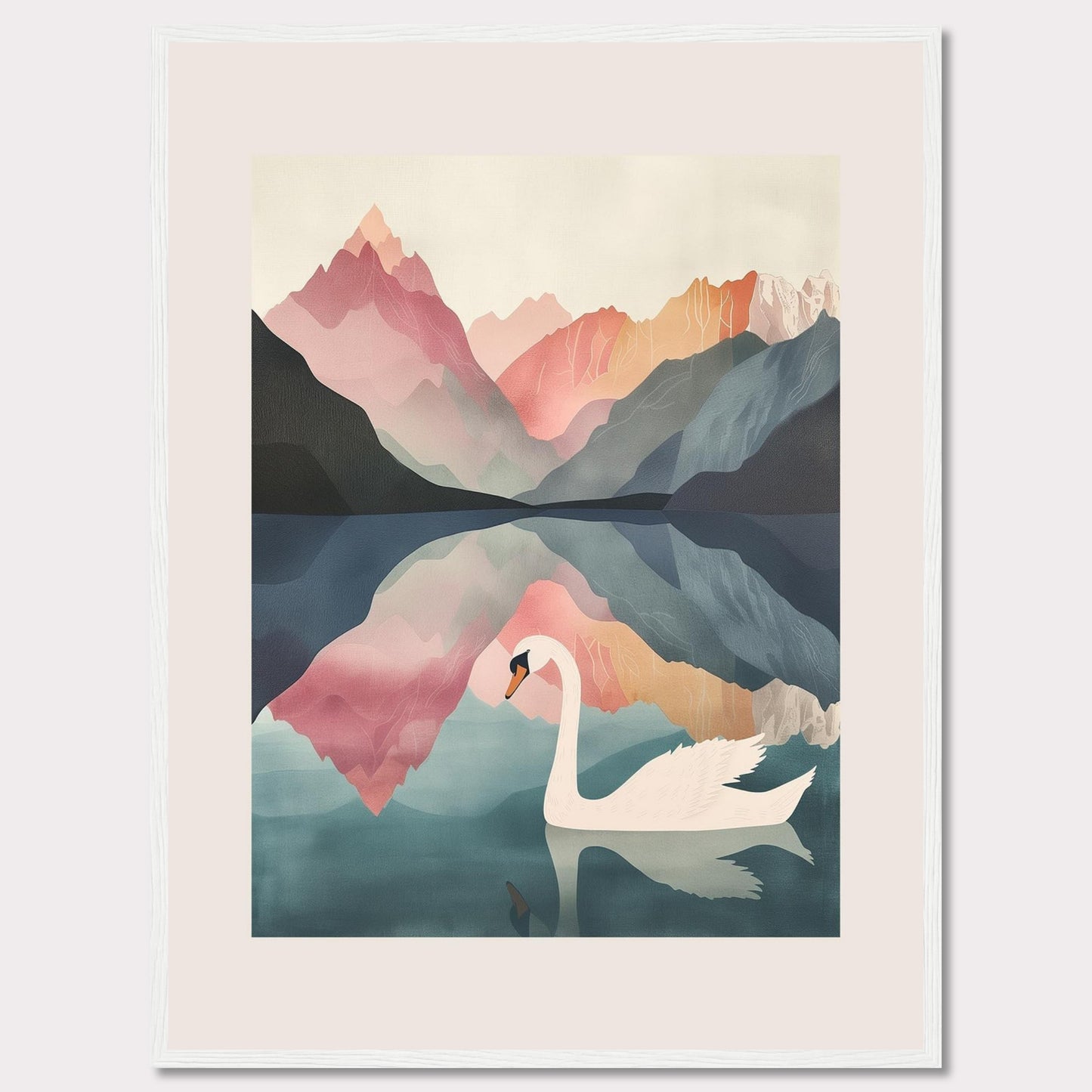 This captivating artwork features a serene swan gliding across a tranquil lake, surrounded by majestic mountains in pastel hues. The reflection of the mountains and the swan in the calm water adds a mesmerizing symmetry to the scene. The soft, muted colors evoke a sense of peace and tranquility.