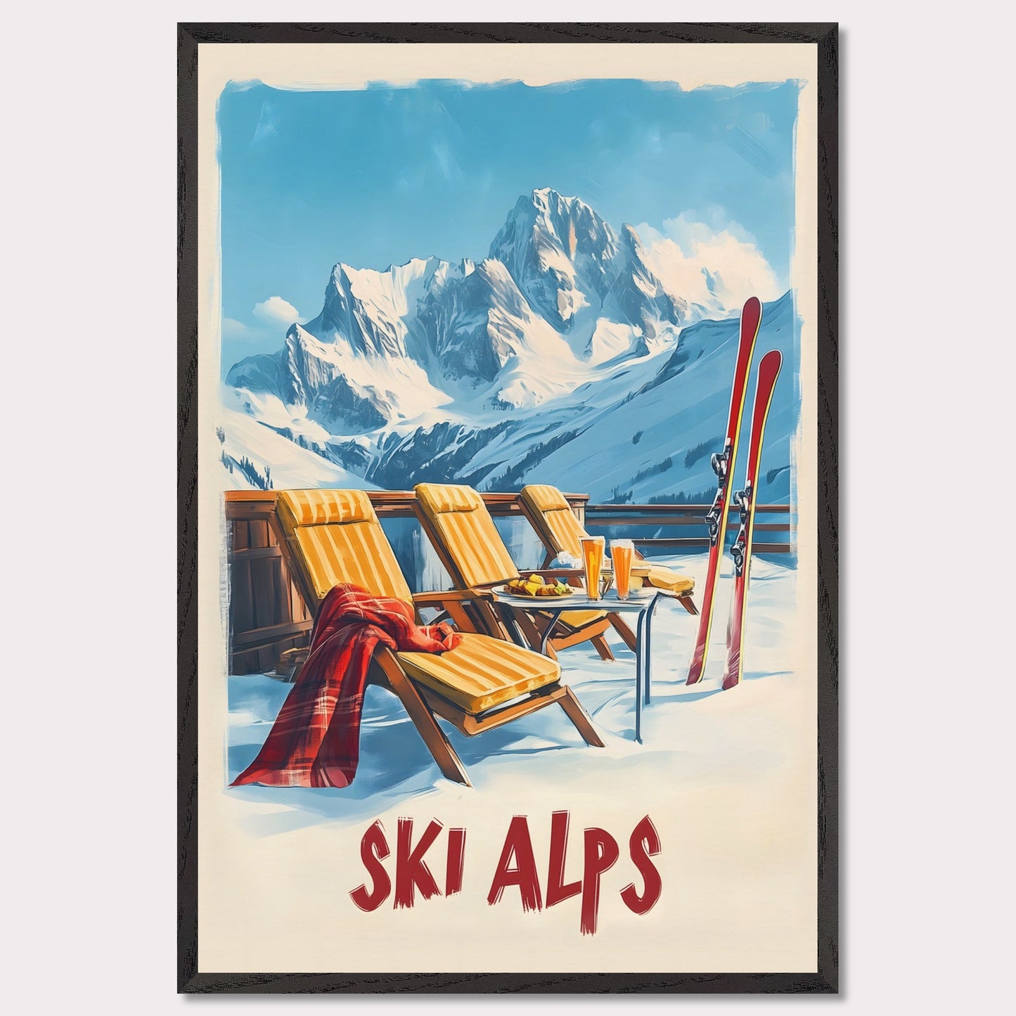 This vibrant poster captures the joy of a sunlit winter day in the Alps. Relaxation takes center stage with inviting lounge chairs draped in cozy blankets, complemented by refreshing beverages and a mountain backdrop that stretches into the clear blue sky.