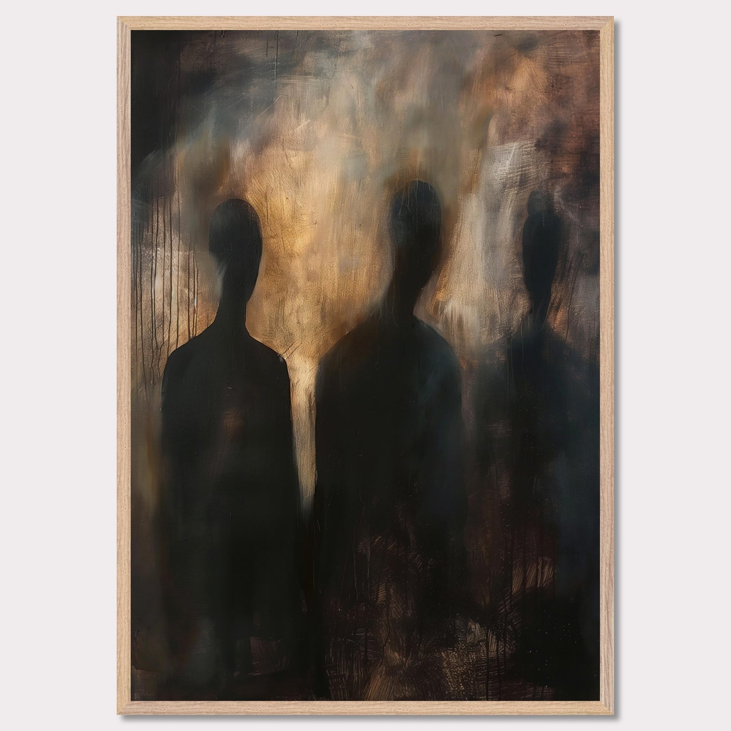 This evocative painting features three shadowy figures set against a smoky, abstract background. The use of dark and muted tones creates a mysterious and haunting atmosphere, inviting viewers to contemplate the unknown. The blending of colors and indistinct forms evoke emotions of intrigue and curiosity.