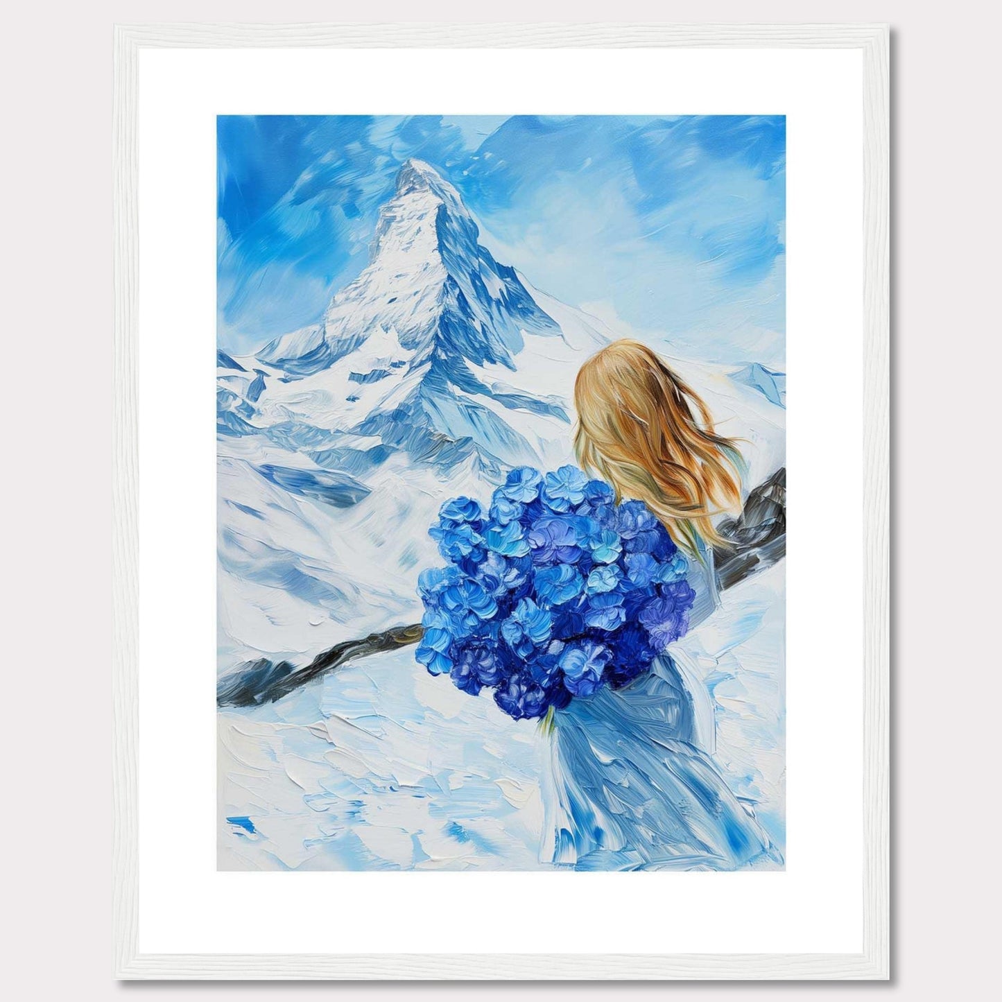 This captivating painting depicts a serene winter landscape with a majestic snow-covered mountain in the background. A woman with flowing blonde hair stands in the foreground, holding a vibrant bouquet of blue flowers. The sky is a brilliant shade of blue, complementing the snowy scenery.