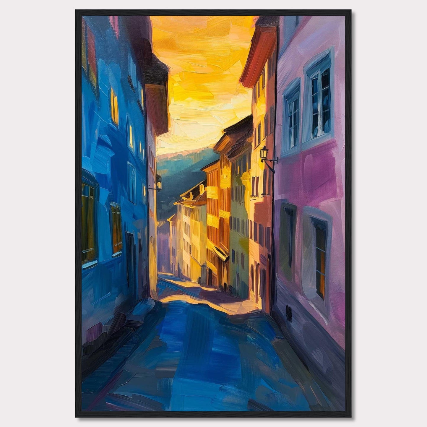 This vibrant painting captures a charming street scene bathed in the warm glow of a sunset. The artwork features colorful buildings, with hues of blue and pink dominating the foreground, while the background fades into golden tones. The narrow street creates a sense of depth, drawing the viewer's eye towards the distant horizon. The play of light and shadow adds a dynamic and lively feel to the piece.