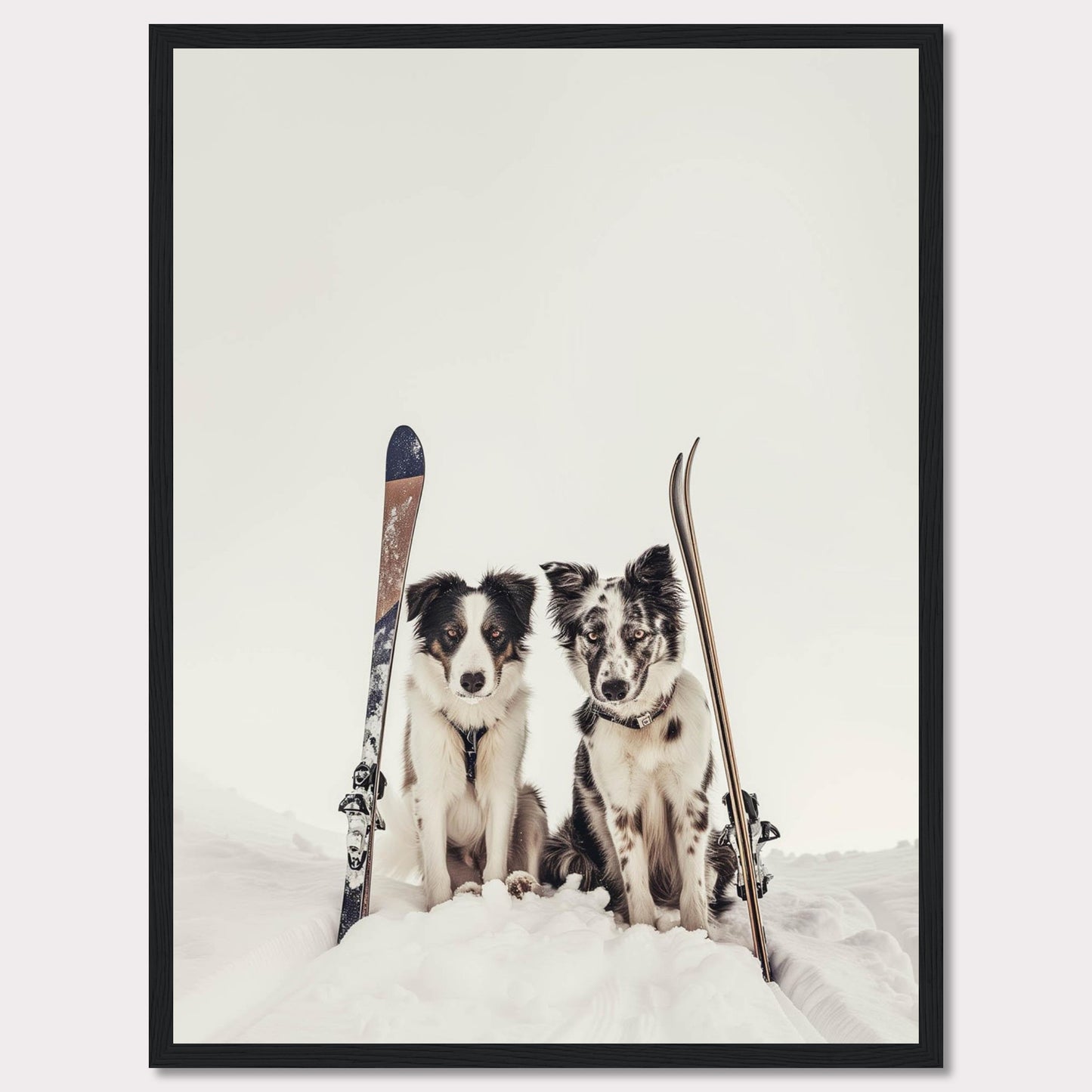 This charming photo captures two adorable dogs sitting in the snow with skis beside them, evoking a sense of adventure and playfulness. The scene is set against a serene snowy backdrop, highlighting the dogs and their playful expressions.