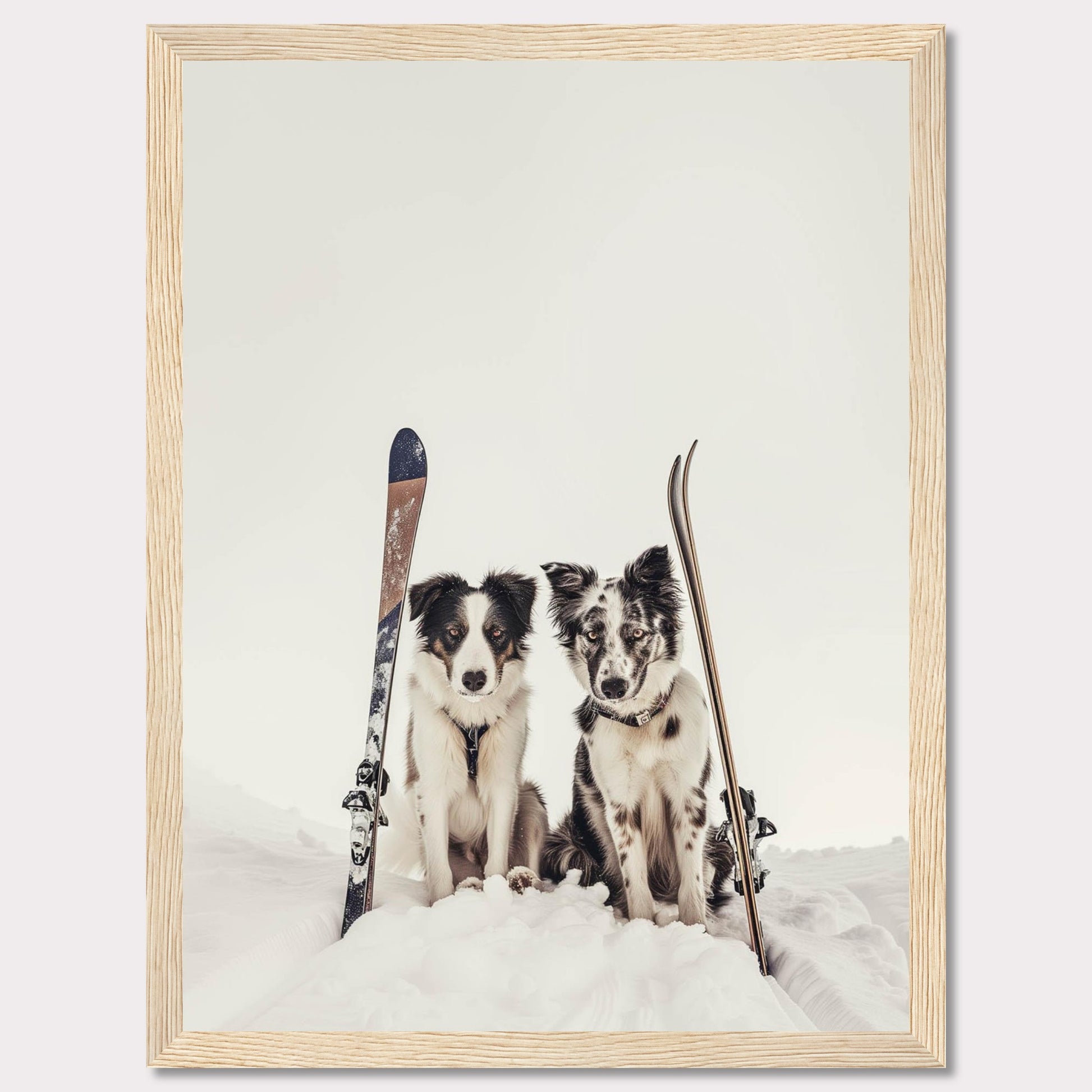 This charming photo captures two adorable dogs sitting in the snow with skis beside them, evoking a sense of adventure and playfulness. The scene is set against a serene snowy backdrop, highlighting the dogs and their playful expressions.