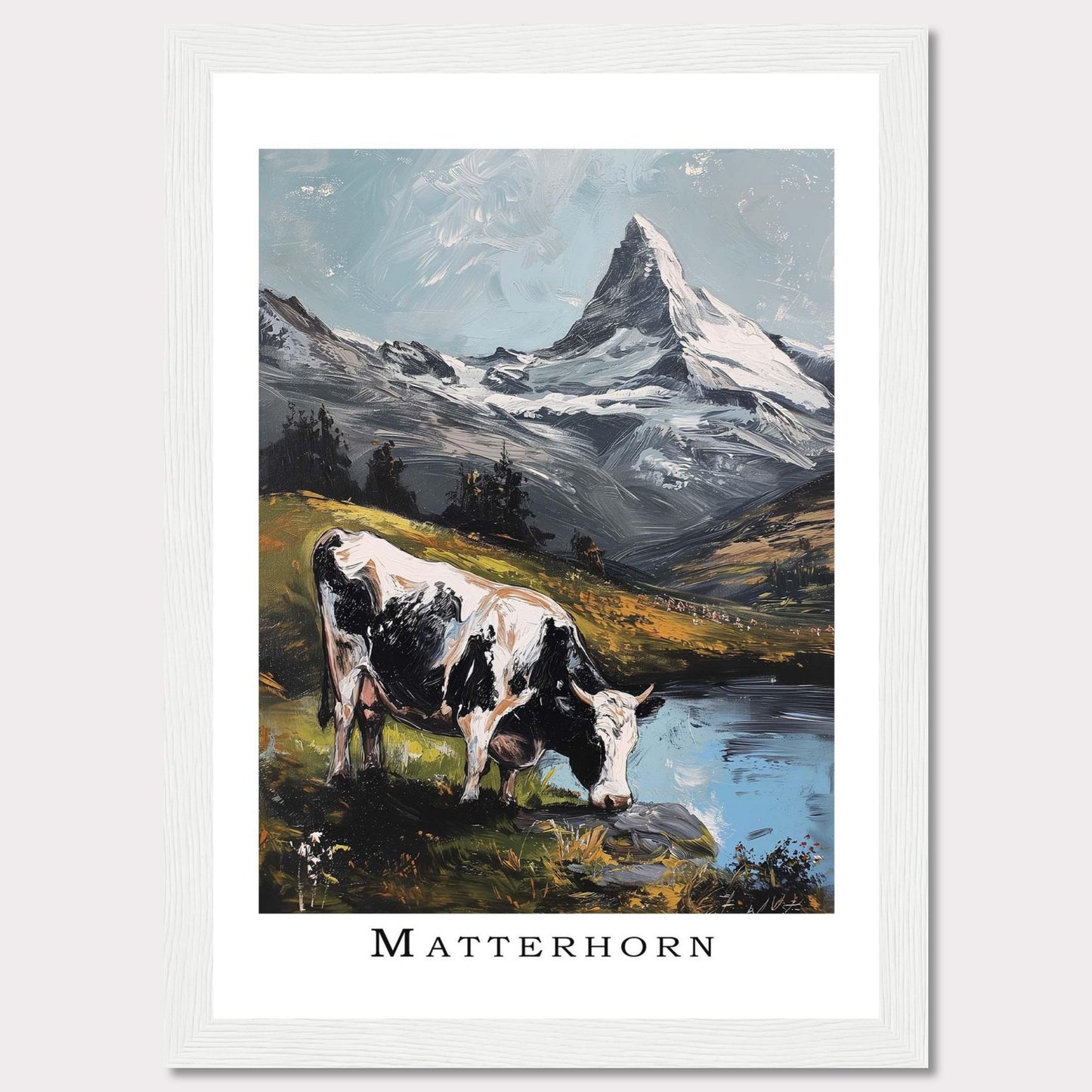 This captivating artwork captures the serene beauty of the Matterhorn with a cow grazing by a tranquil lake in the foreground. The majestic snow-capped peak stands tall against a clear sky, surrounded by lush greenery and reflective waters.