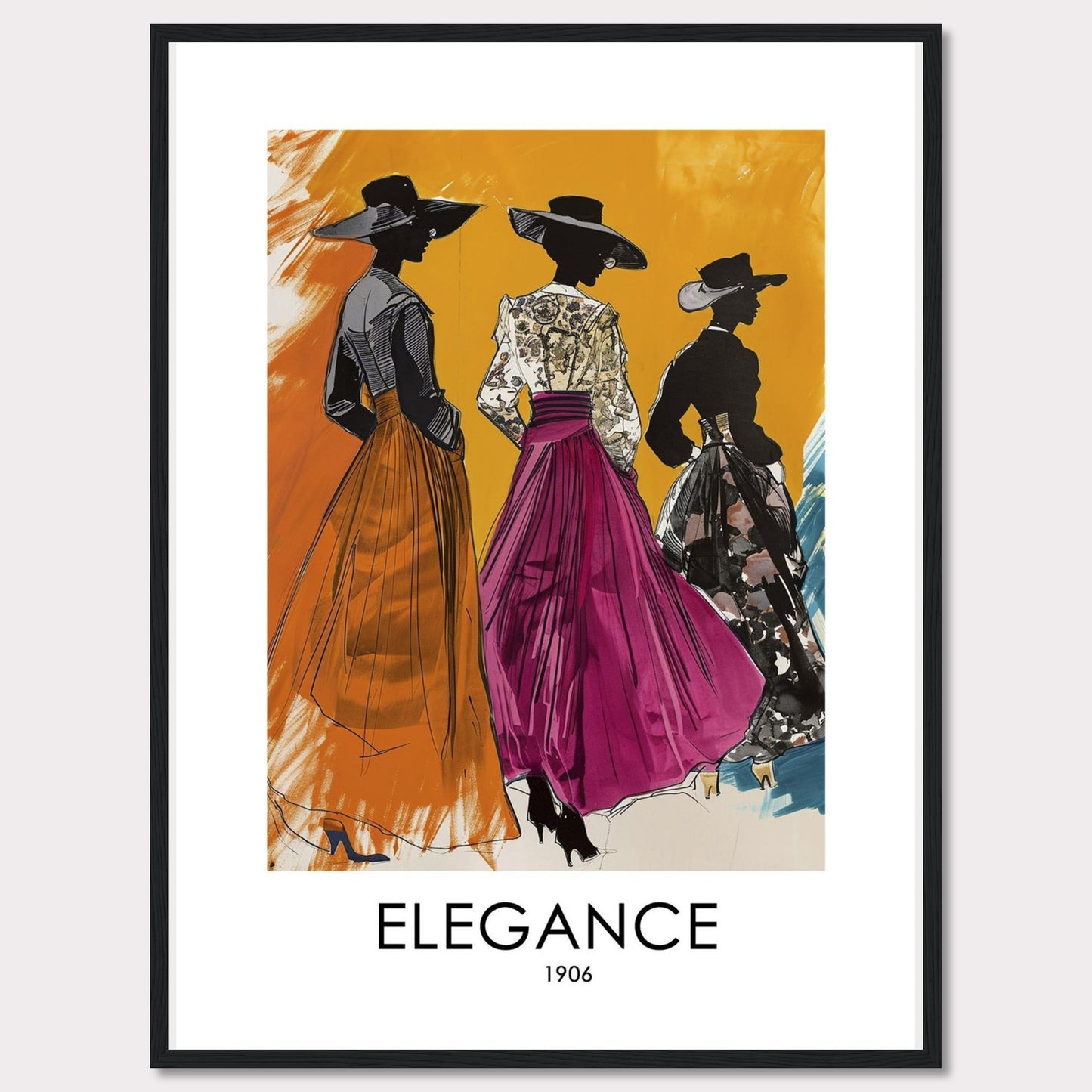 Three stylish women in elegant dresses and wide-brimmed hats stand gracefully against a vibrant orange background. The artwork exudes sophistication and timeless fashion from the early 1900s.