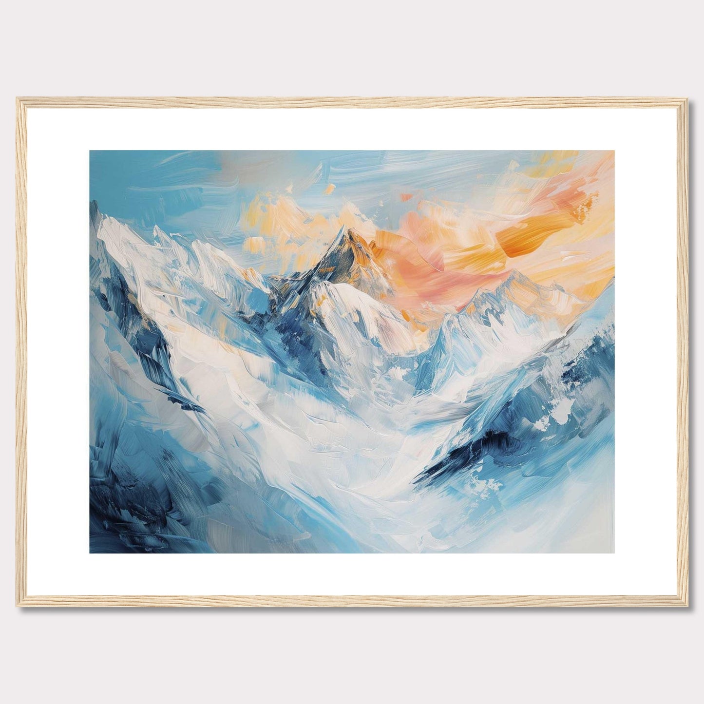 This image showcases a stunning painting of a mountain landscape, capturing the serene beauty of snow-covered peaks bathed in the warm hues of a setting sun.