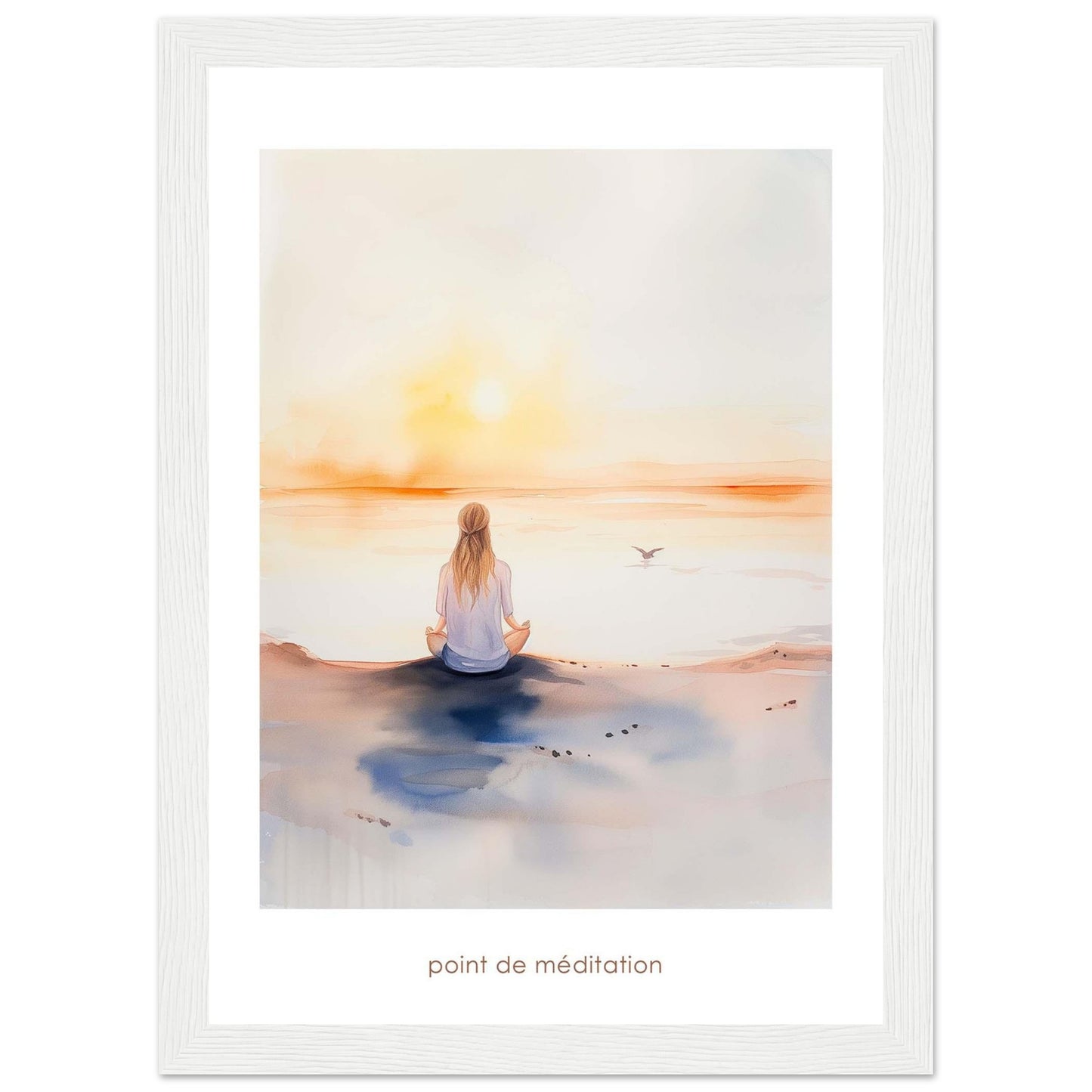 This serene artwork captures a tranquil moment of meditation by the sea at sunrise. A person sits cross-legged on the shore, facing the calming horizon as the sun rises, casting a warm glow over the water. A bird flies gracefully in the distance, adding to the peaceful ambiance. The soft colors and gentle brushstrokes evoke a sense of calm and introspection.