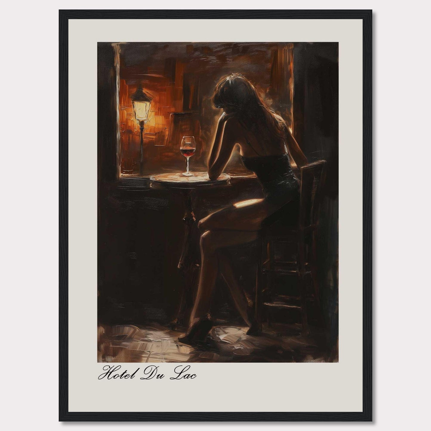 This evocative artwork captures a solitary moment in a dimly lit bar. A woman sits contemplatively at a small round table, illuminated by the warm glow of a nearby lamp. A glass of red wine rests on the table, adding to the intimate and reflective atmosphere. The painting is titled "Hotel Du Lac," suggesting a scene filled with stories and emotions.