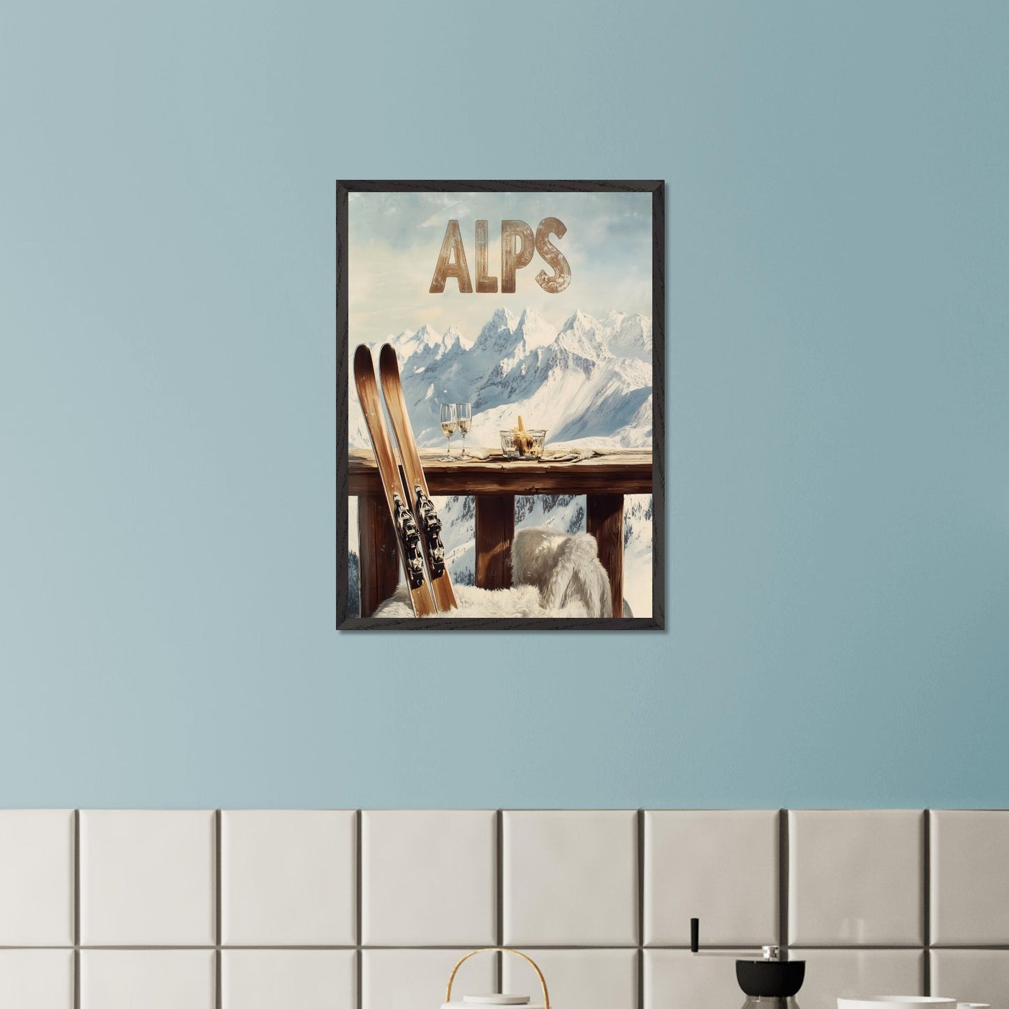 This vibrant poster captures the charm of après-ski culture with a rustic wooden terrace overlooking snow-covered mountains. The warm textures of fur throws and the elegant wine glasses create an inviting post-ski ambiance.