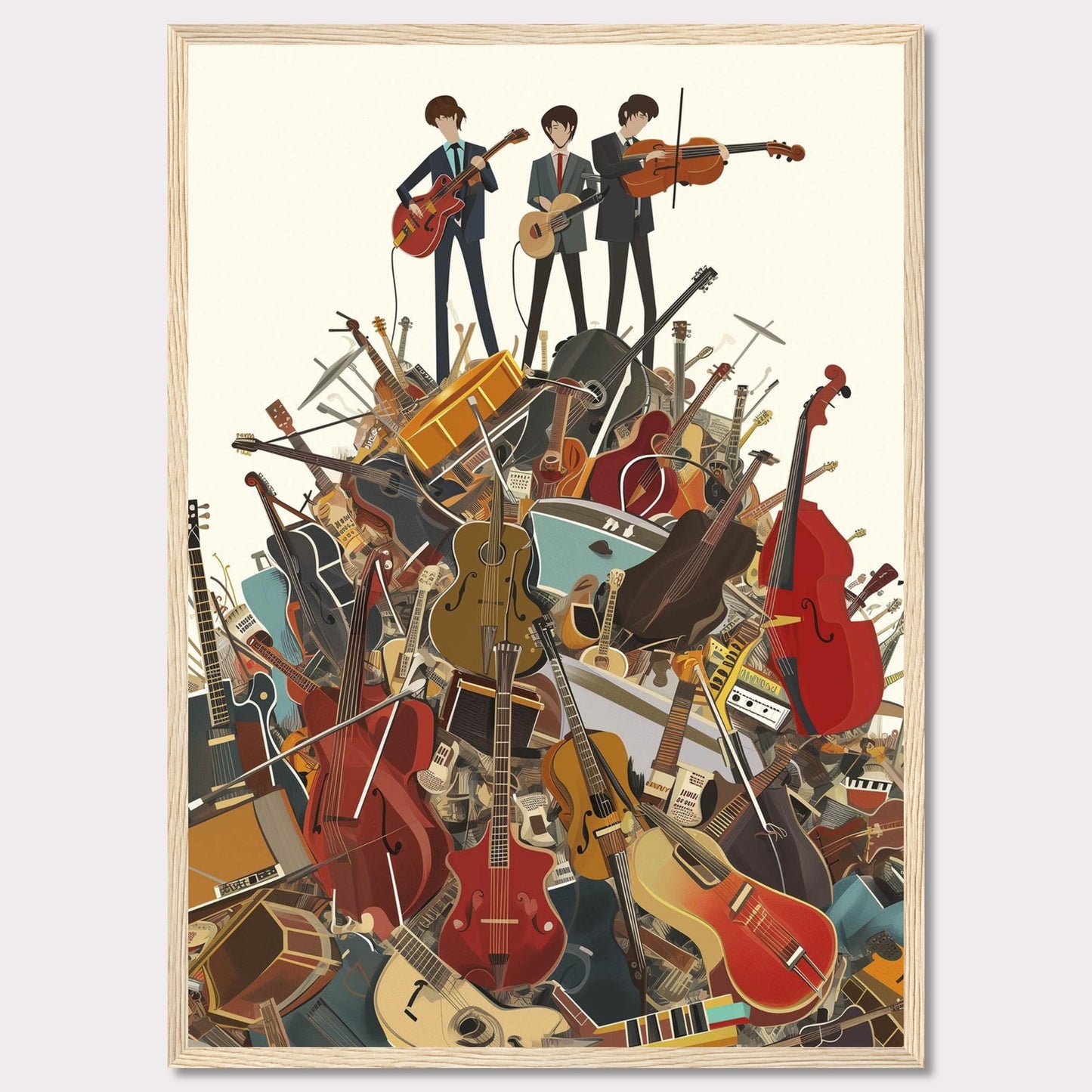 This vibrant illustration captures three musicians standing atop a towering pile of various musical instruments. The scene is filled with guitars, violins, cellos, drums, and more, creating a lively and energetic atmosphere.