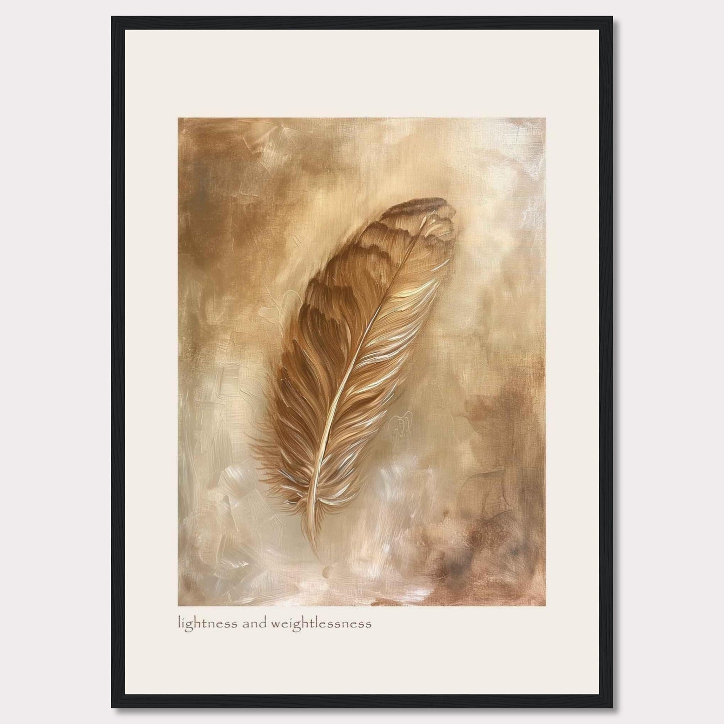 This image showcases a beautifully framed artwork featuring a single feather. The feather is depicted in warm, earthy tones, creating a sense of tranquility and elegance. The background consists of soft, abstract brushstrokes that enhance the delicate nature of the feather. At the bottom of the artwork, the phrase "lightness and weightlessness" is inscribed, adding to the ethereal feel of the piece.