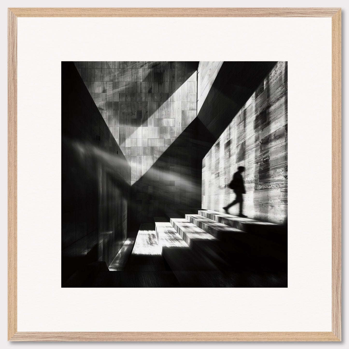 This striking black and white photograph captures a solitary figure ascending a staircase bathed in dramatic light and shadows. The geometric patterns and stark contrasts create a sense of mystery and introspection.