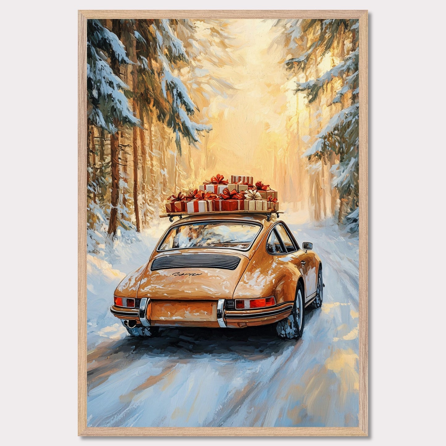 This festive poster showcases a yellow Porsche navigating a snow-covered path with holiday presents stacked on its roof. The warm glow from the trees lining the road creates a magical winter scene, while the "Merry Christmas" typography evokes the warmth and joy of the holiday season. The combination of sleek design and a peaceful winter landscape makes this a perfect holiday greeting.