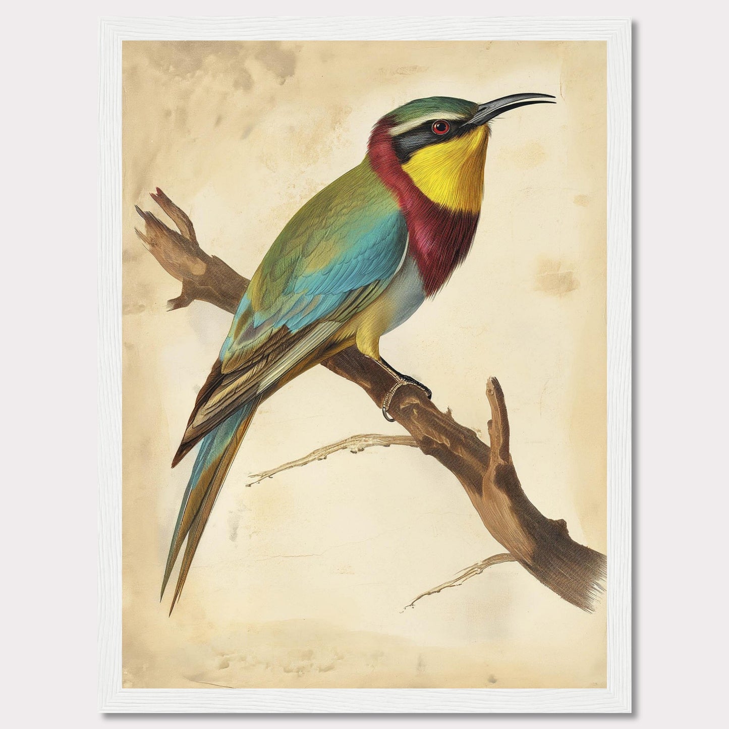 This captivating artwork features a vibrant bird perched on a branch, showcasing its colorful plumage. The background is a soft, muted beige that highlights the bird's bright hues. The bird's feathers display a stunning array of colors, including green, blue, yellow, and red. The piece is framed in a simple black frame that complements the artwork without detracting from it.