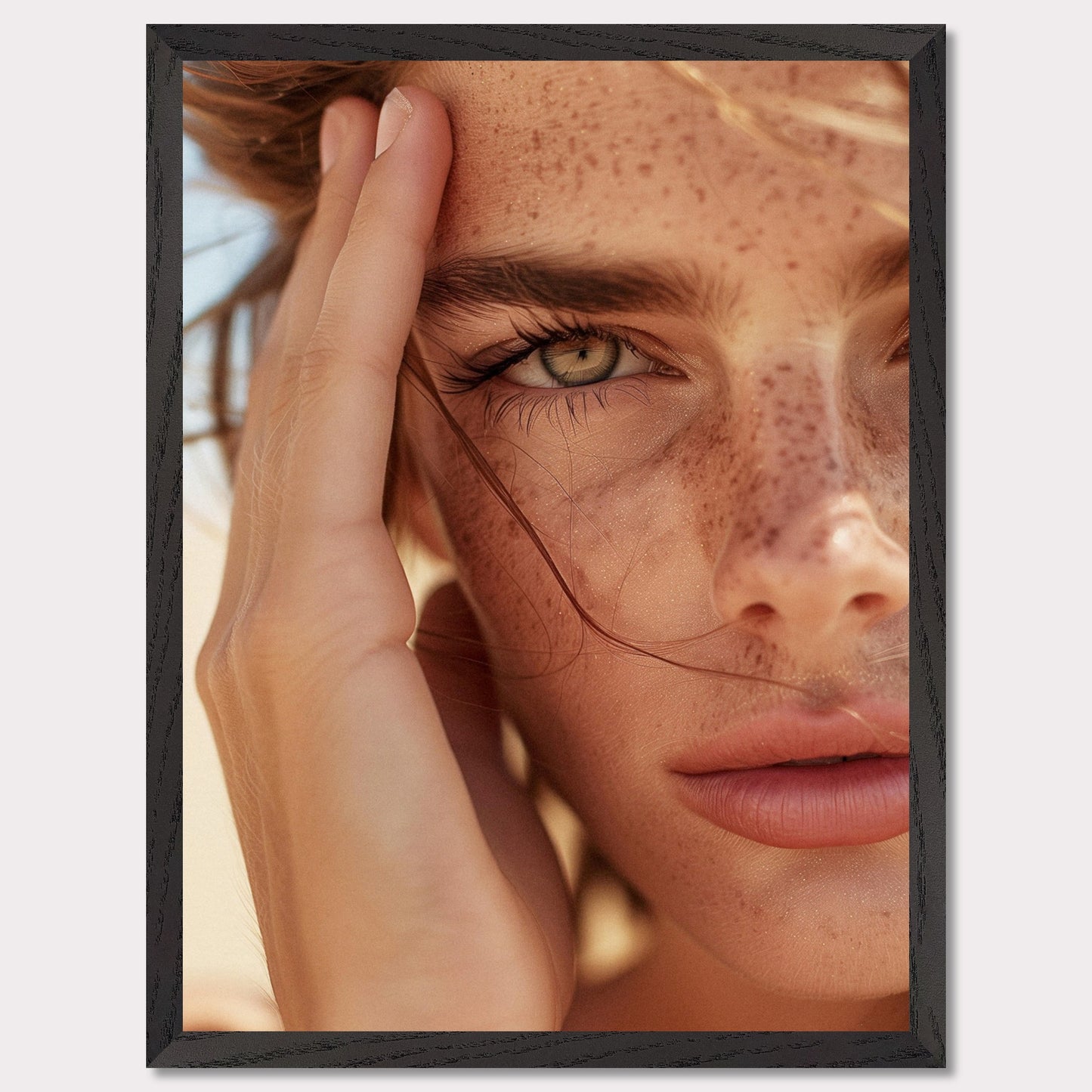 This captivating close-up portrait showcases the natural beauty of a person with freckles and an intense gaze.