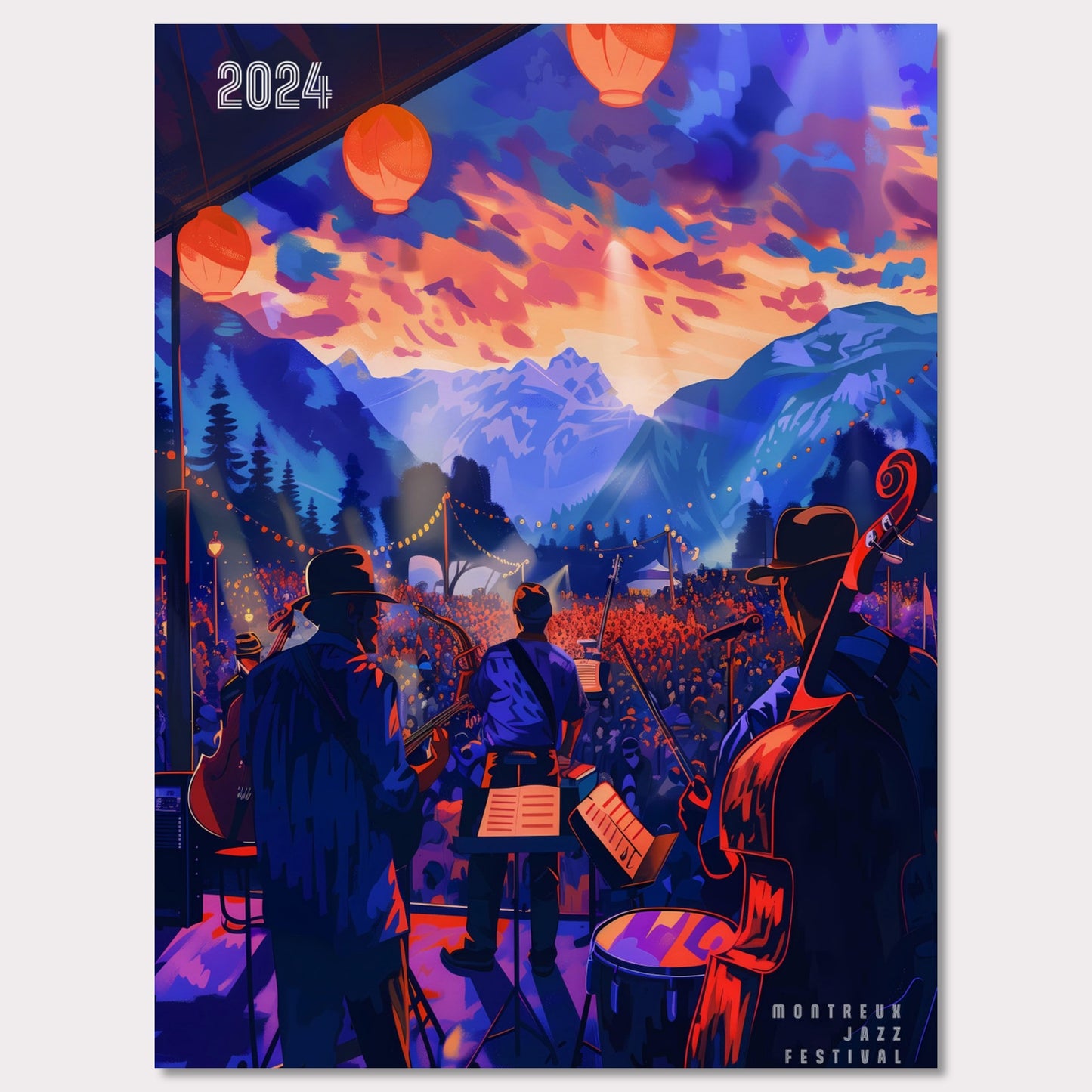 This vibrant poster depicts a lively jazz festival set against a stunning mountain backdrop. The scene is illuminated by colorful lanterns and features a band performing to a large, enthusiastic crowd. The sky is painted with dramatic hues of orange and purple, enhancing the festive atmosphere.