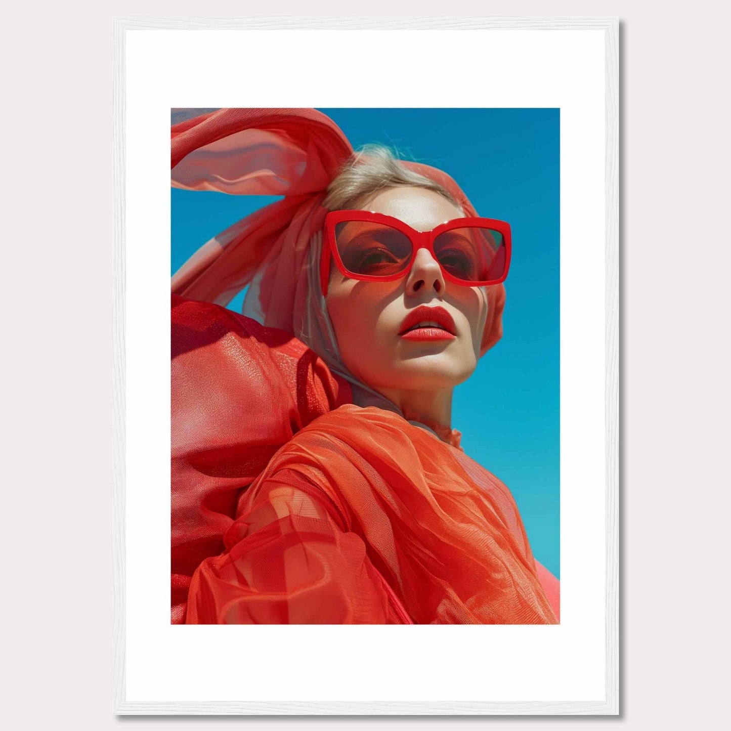 This striking photo features a confident woman wearing bold red sunglasses and a matching headscarf against a vibrant blue sky. The image is framed in a sleek black border, enhancing its modern aesthetic.