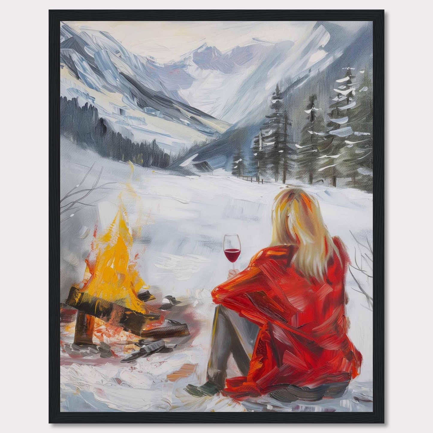 This painting captures a serene winter scene where a person in a red coat sits by a campfire, enjoying a glass of wine amidst a snowy landscape. The backdrop features majestic snow-covered mountains and evergreen trees.