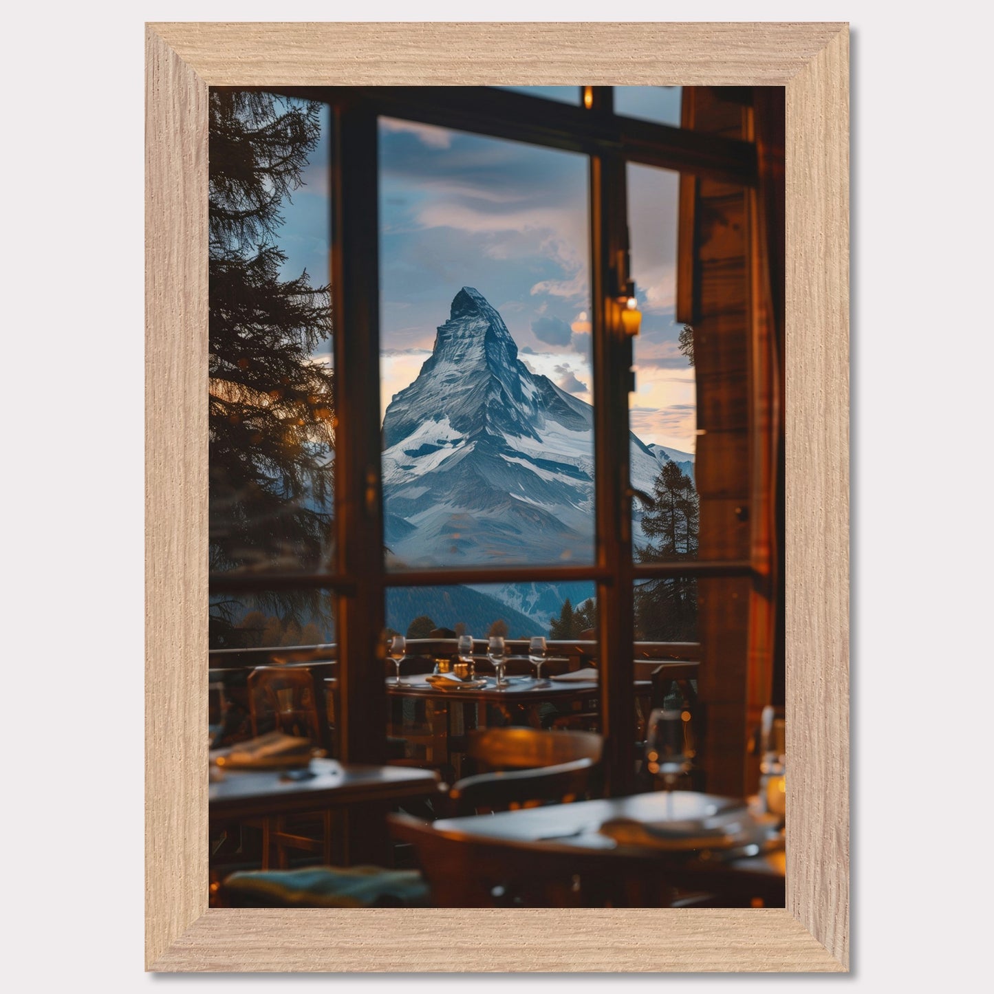 Experience the breathtaking view of a majestic mountain peak through the windows of a cozy restaurant. The scene captures the tranquility and grandeur of nature, inviting you to unwind and savor the moment.