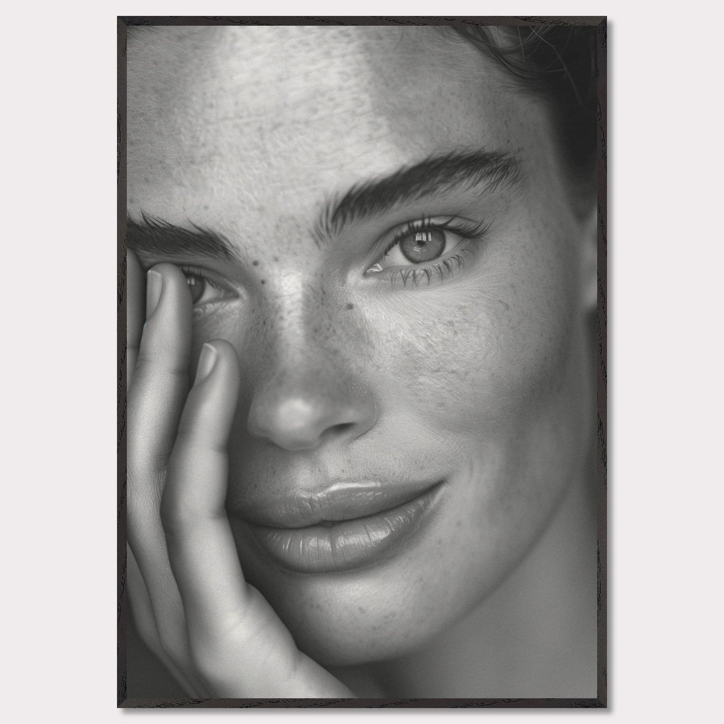 This striking black and white portrait captures the serene expression of a person with captivating eyes and natural freckles. The close-up shot highlights the texture of the skin and the subtle details of the face, creating an intimate and powerful image.