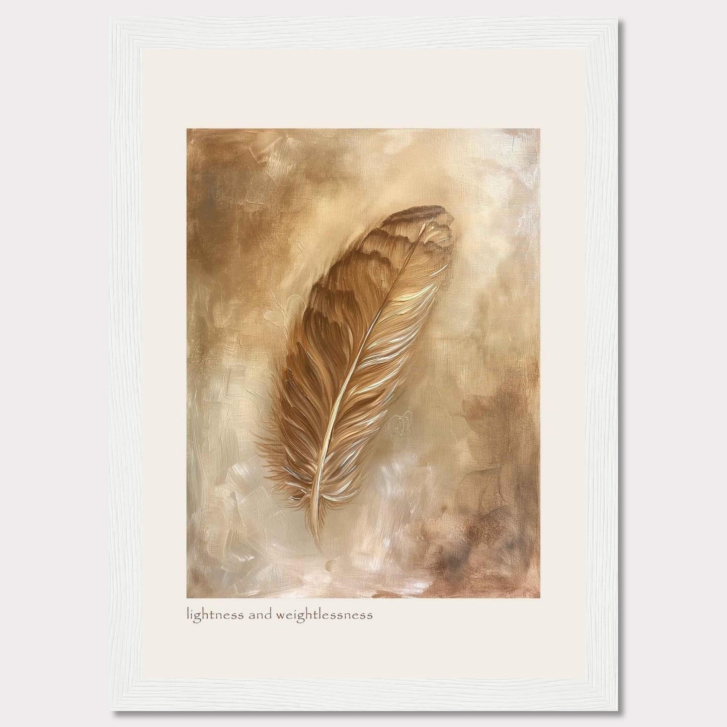 This image showcases a beautifully framed artwork featuring a single feather. The feather is depicted in warm, earthy tones, creating a sense of tranquility and elegance. The background consists of soft, abstract brushstrokes that enhance the delicate nature of the feather. At the bottom of the artwork, the phrase "lightness and weightlessness" is inscribed, adding to the ethereal feel of the piece.