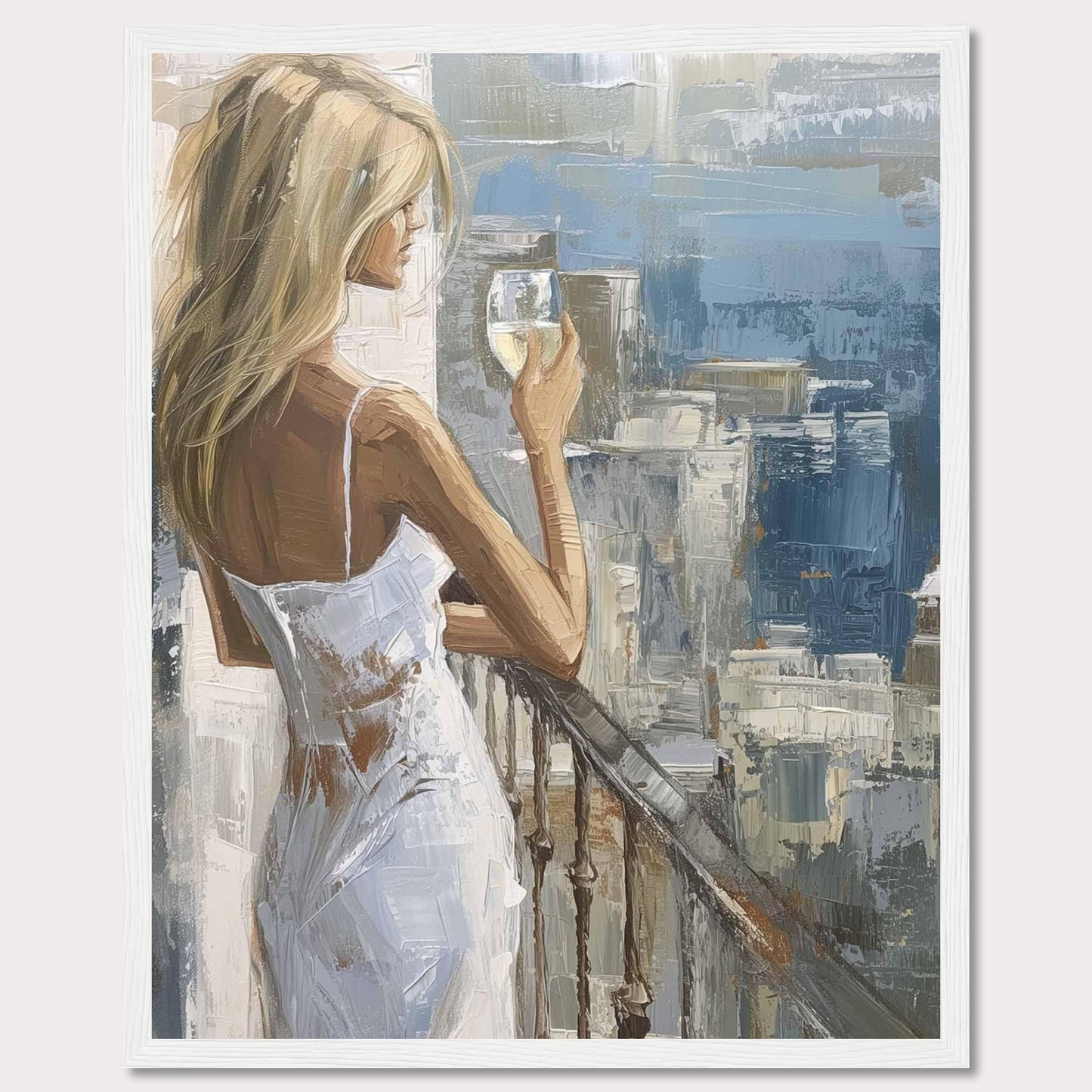 This painting depicts a serene moment where a woman, dressed in a white dress, stands on a balcony holding a glass of wine. The background features an impressionistic cityscape with various shades of blue and gray.