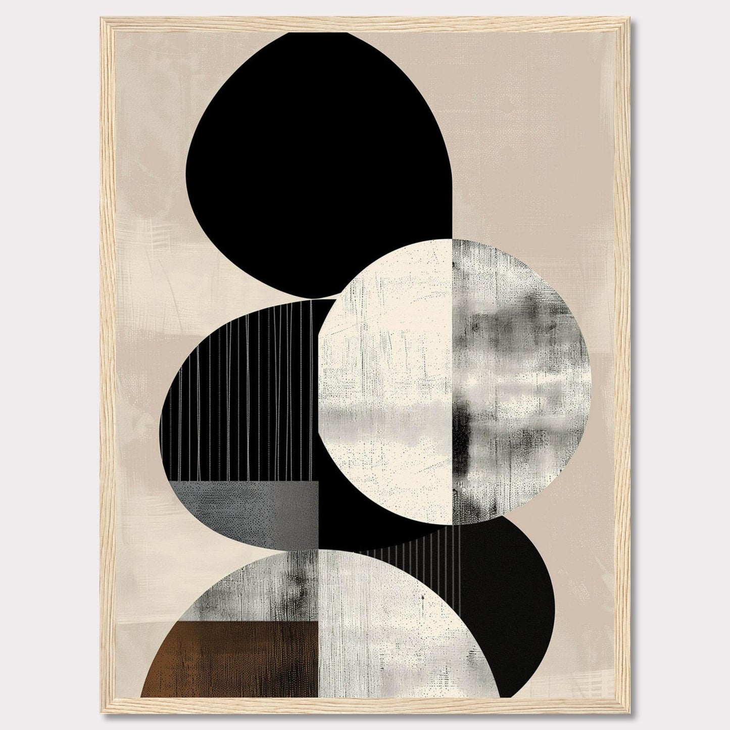 This image showcases a modern abstract art piece featuring geometric shapes in monochrome and neutral tones. The design includes overlapping circles and ovals with textured patterns.