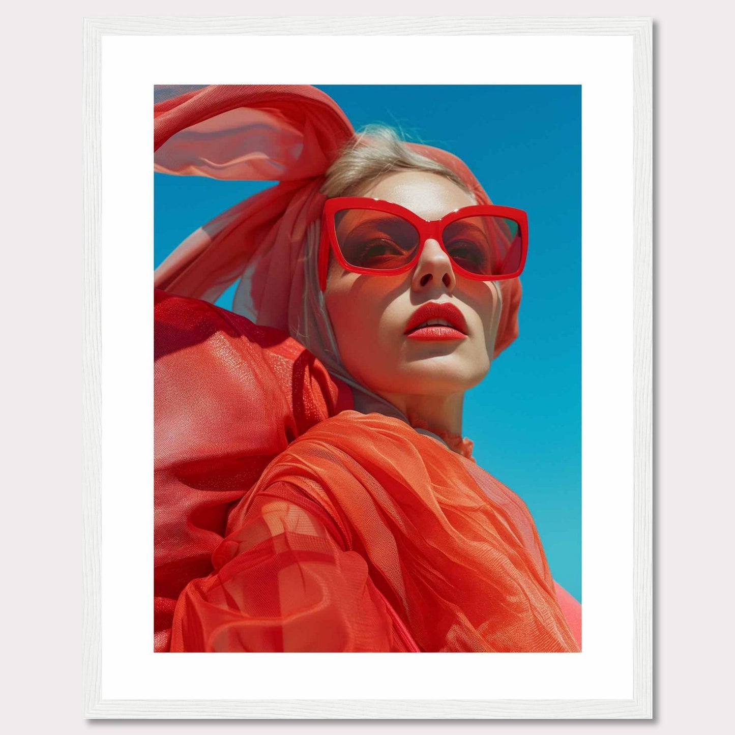 This striking photo features a confident woman wearing bold red sunglasses and a matching headscarf against a vibrant blue sky. The image is framed in a sleek black border, enhancing its modern aesthetic.