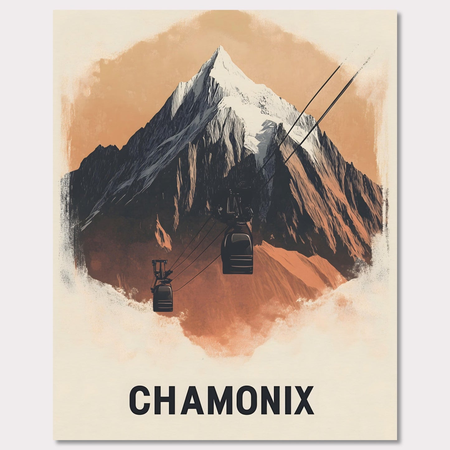 This minimalist poster artfully presents Chamonix, France, a legendary alpine destination known for its dramatic peaks and thrilling ski slopes. The sharp, stylized mountain silhouette contrasts beautifully with the soft sky, creating a bold yet harmonious composition. The subtle shading adds depth, bringing the grandeur of Mont Blanc to life.