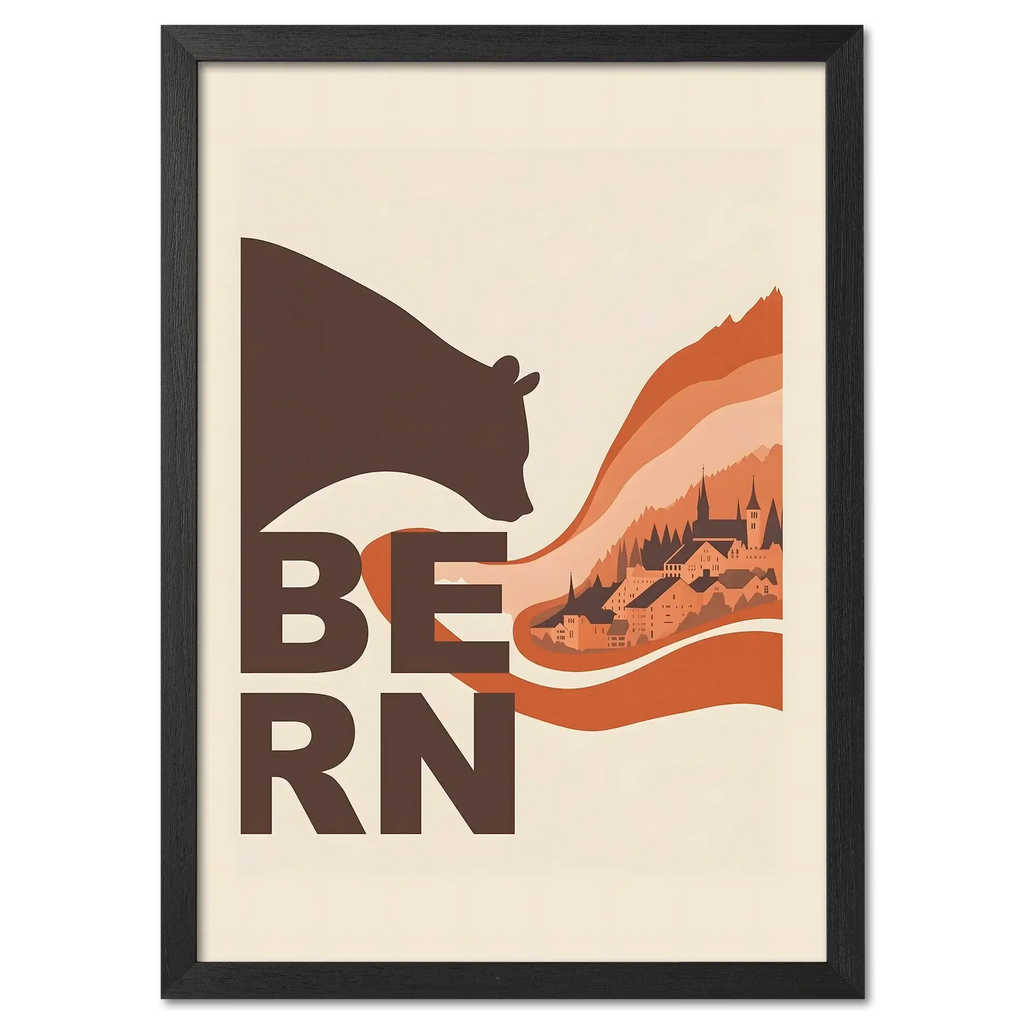 Flowing Heritage of Bern - Poster featuring a bear silhouette and layered orange landscape of Bern's old town.