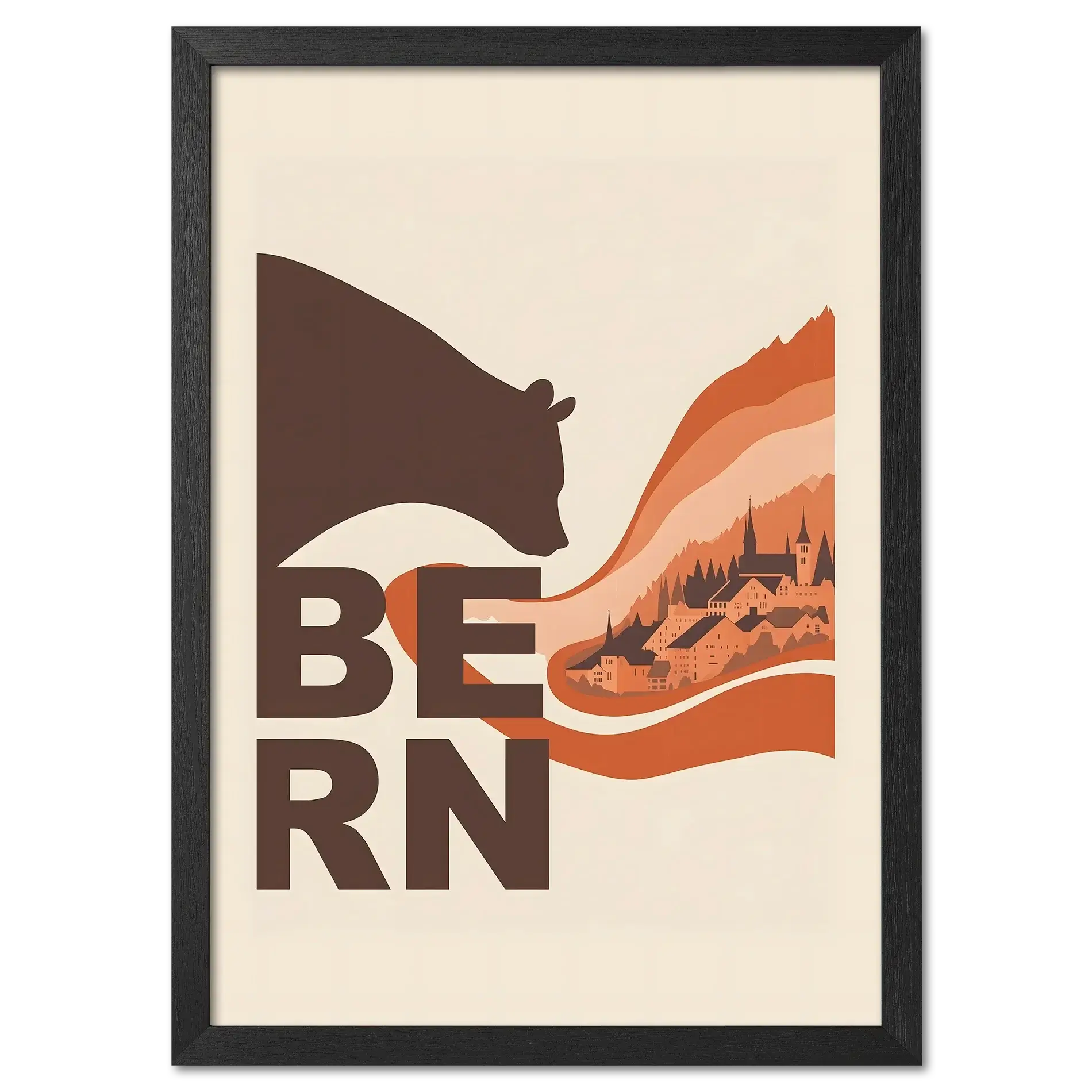 Flowing Heritage of Bern - Poster featuring a bear silhouette and layered orange landscape of Bern's old town.