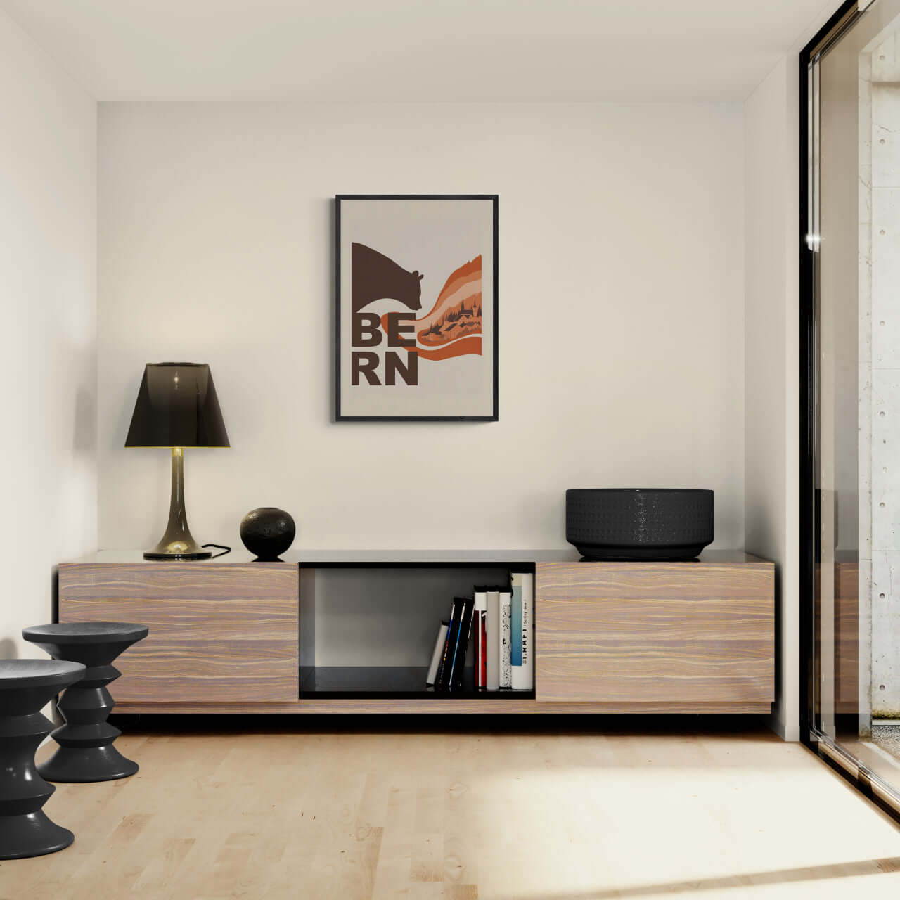 Flowing Heritage of Bern - Poster displayed in a modern living room interior with minimalist decor.
